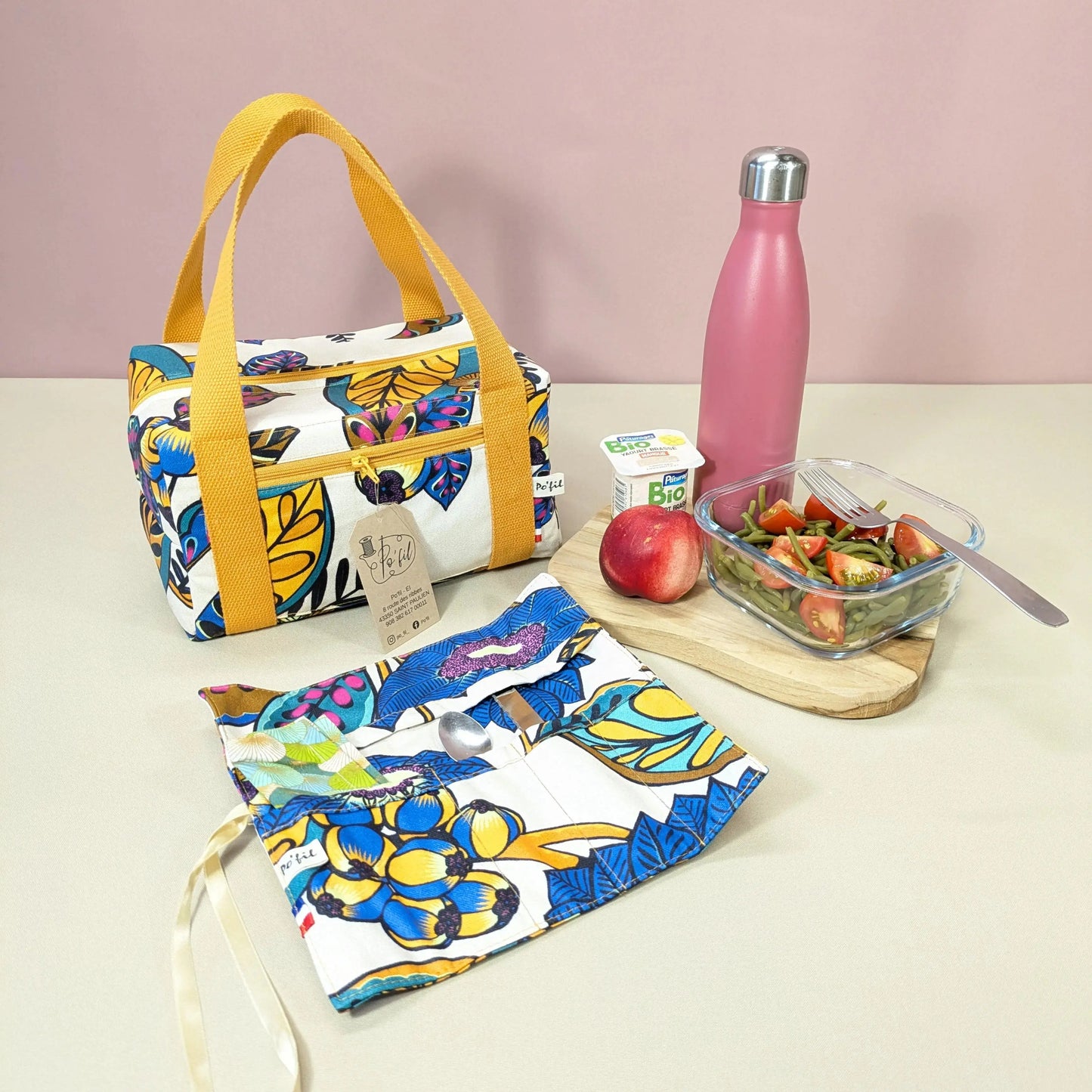 Pochette à couverts, tissu Garden land multicolore fond crème Po'fil