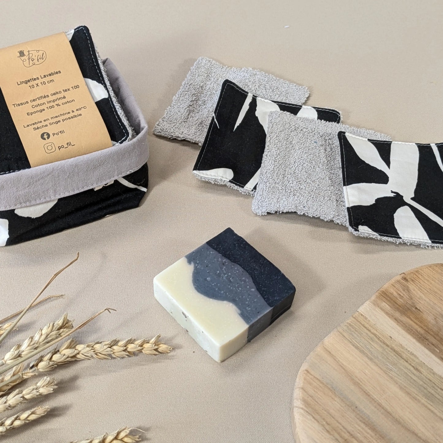 Panière de 10 lingettes lavables, tissu noir et blanc abstrait Po'fil