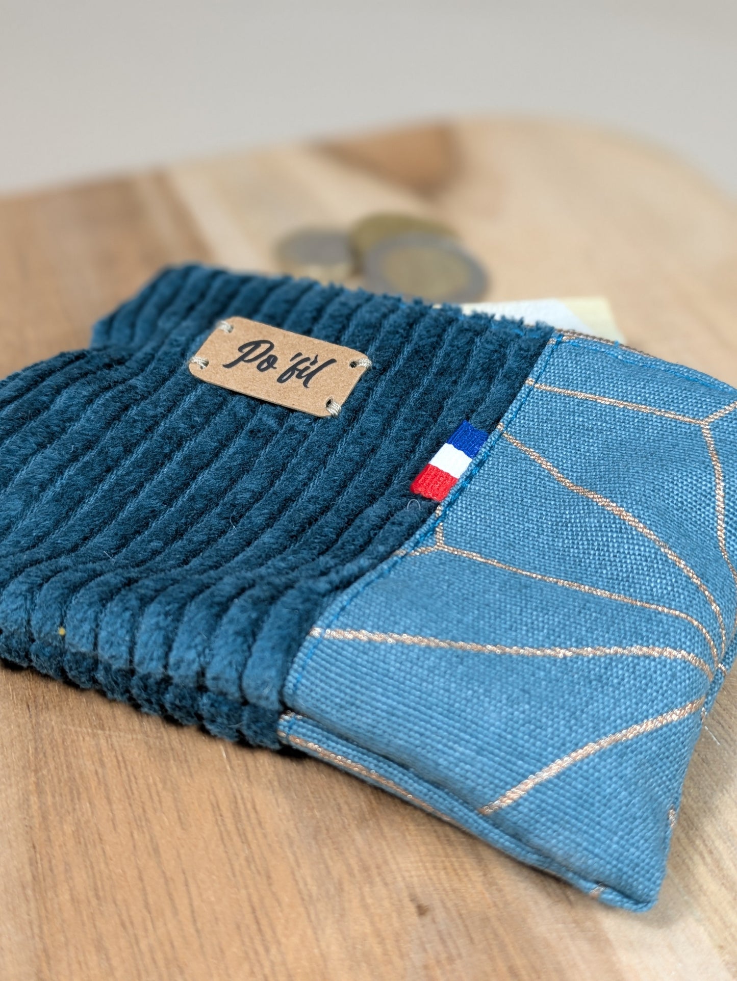 Porte monnaie en velours côtelé bleu vert Po'fil