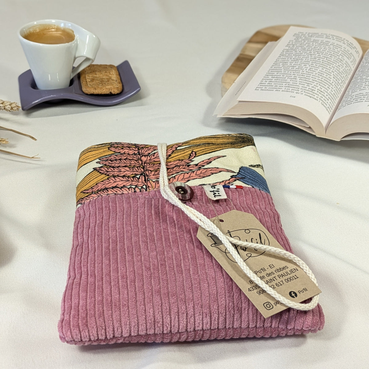 Petite pochette à livre, velours côtelé vieux rose Po'fil
