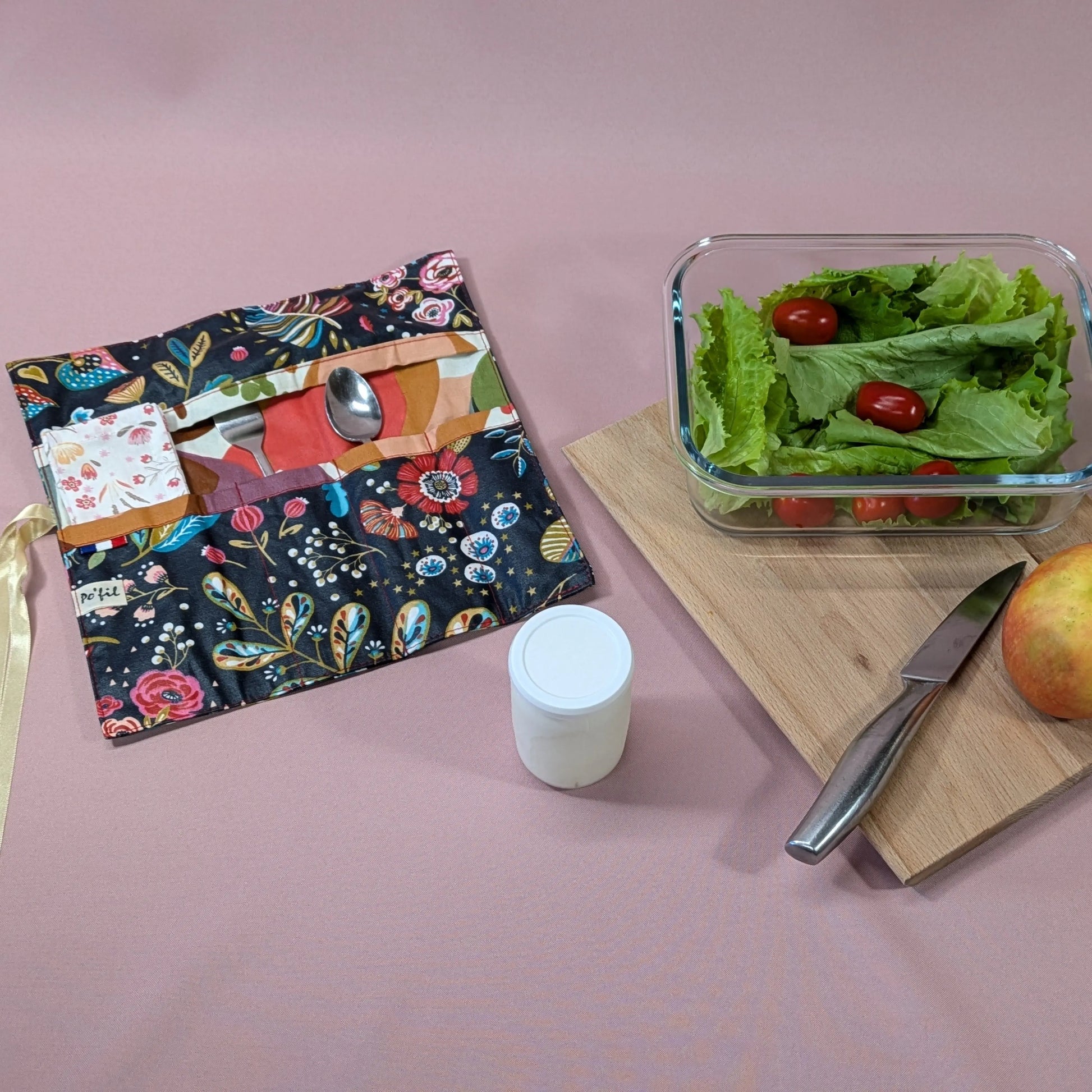 Pochette à couverts, tissu Ancolie ardoise Po'fil