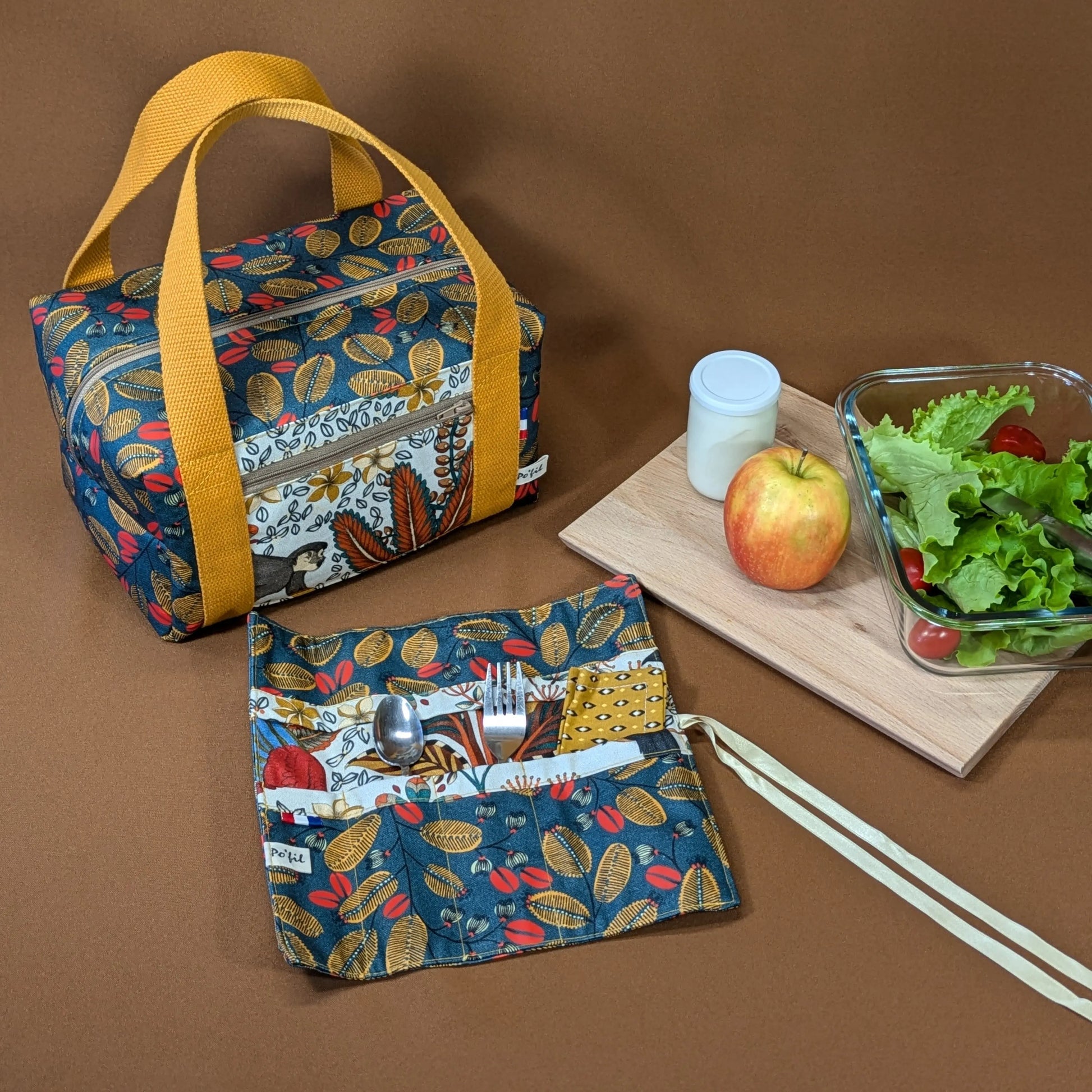 Lunch bag isotherme, tissu life style fond bleu Po'fil