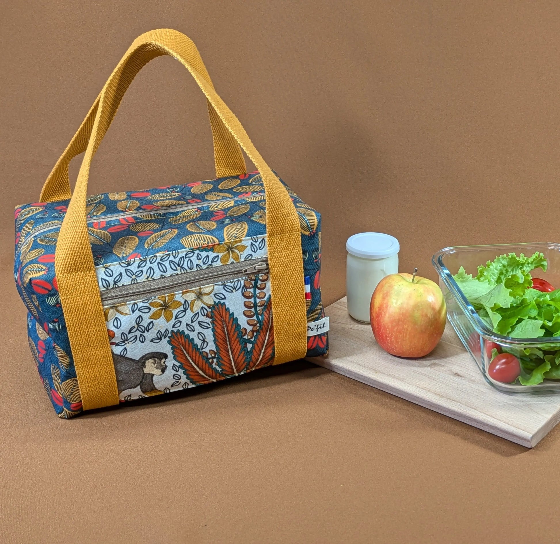 Lunch bag isotherme, tissu life style fond bleu Po'fil