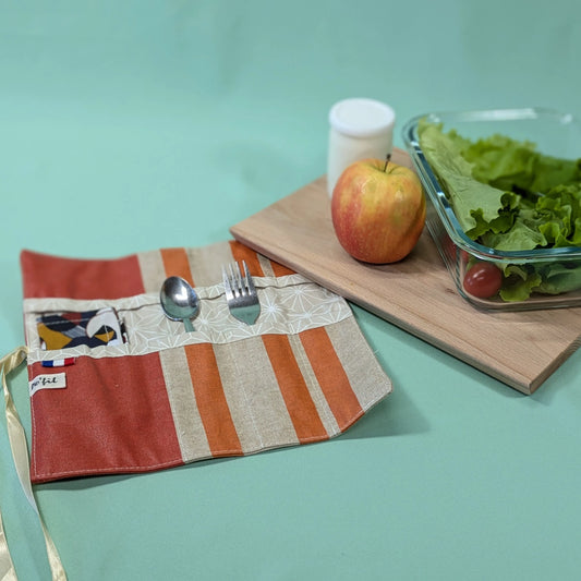 Pochette à couverts, tissu rayé orange Po'fil
