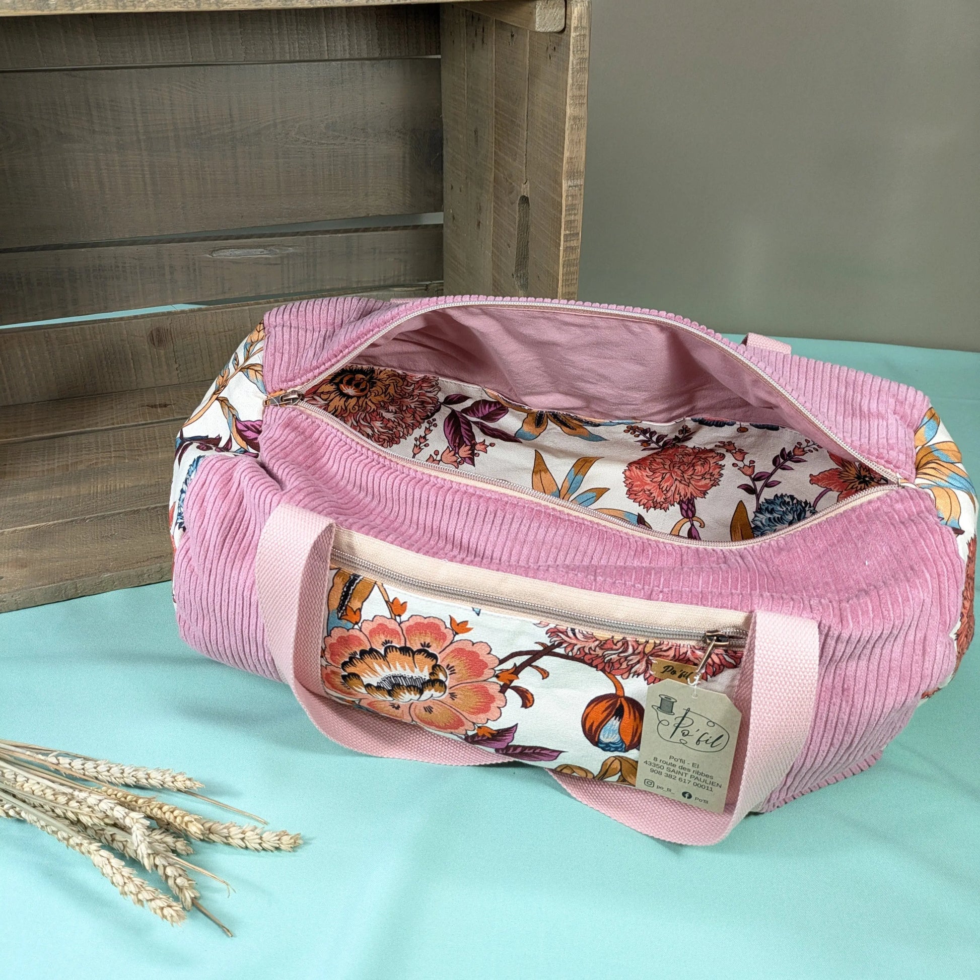 Sac polochon en velours côtelés vieux rose Po'fil