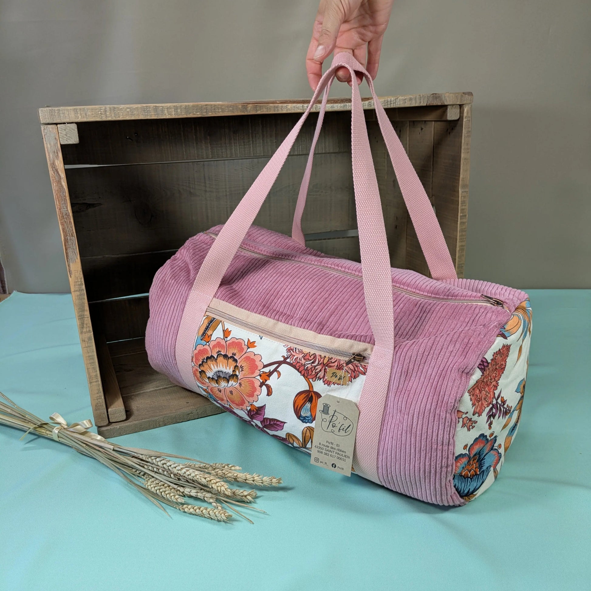 Sac polochon en velours côtelés vieux rose Po'fil