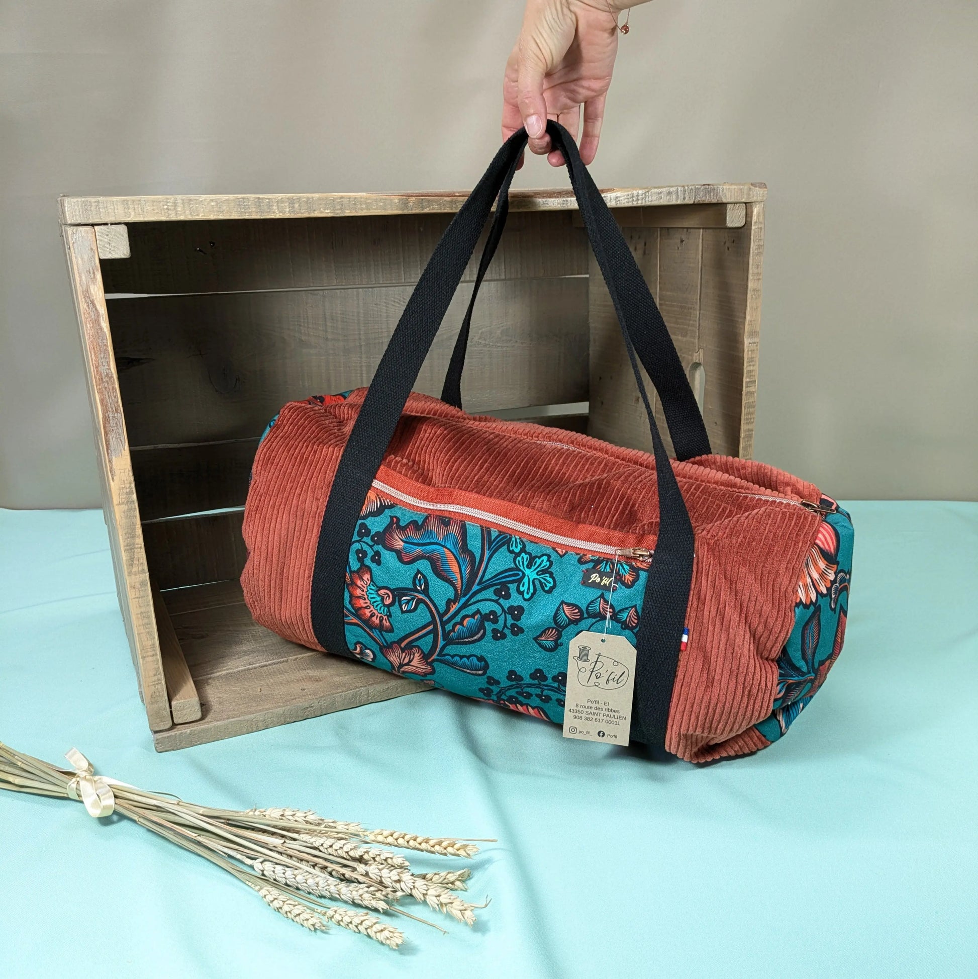 Sac polochon en velours côtelés brique Po'fil