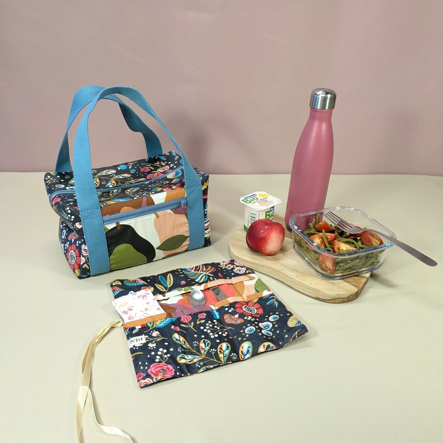 Lunch bag isotherme, tissu ancolie ardoise Po'fil