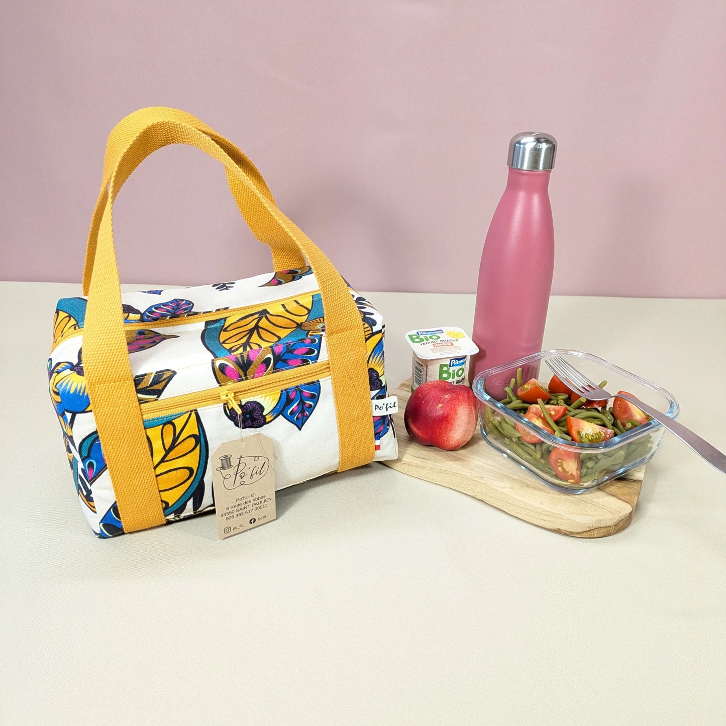 Lunch bag isotherme, tissu Garden land multicolore fond crème Po'fil