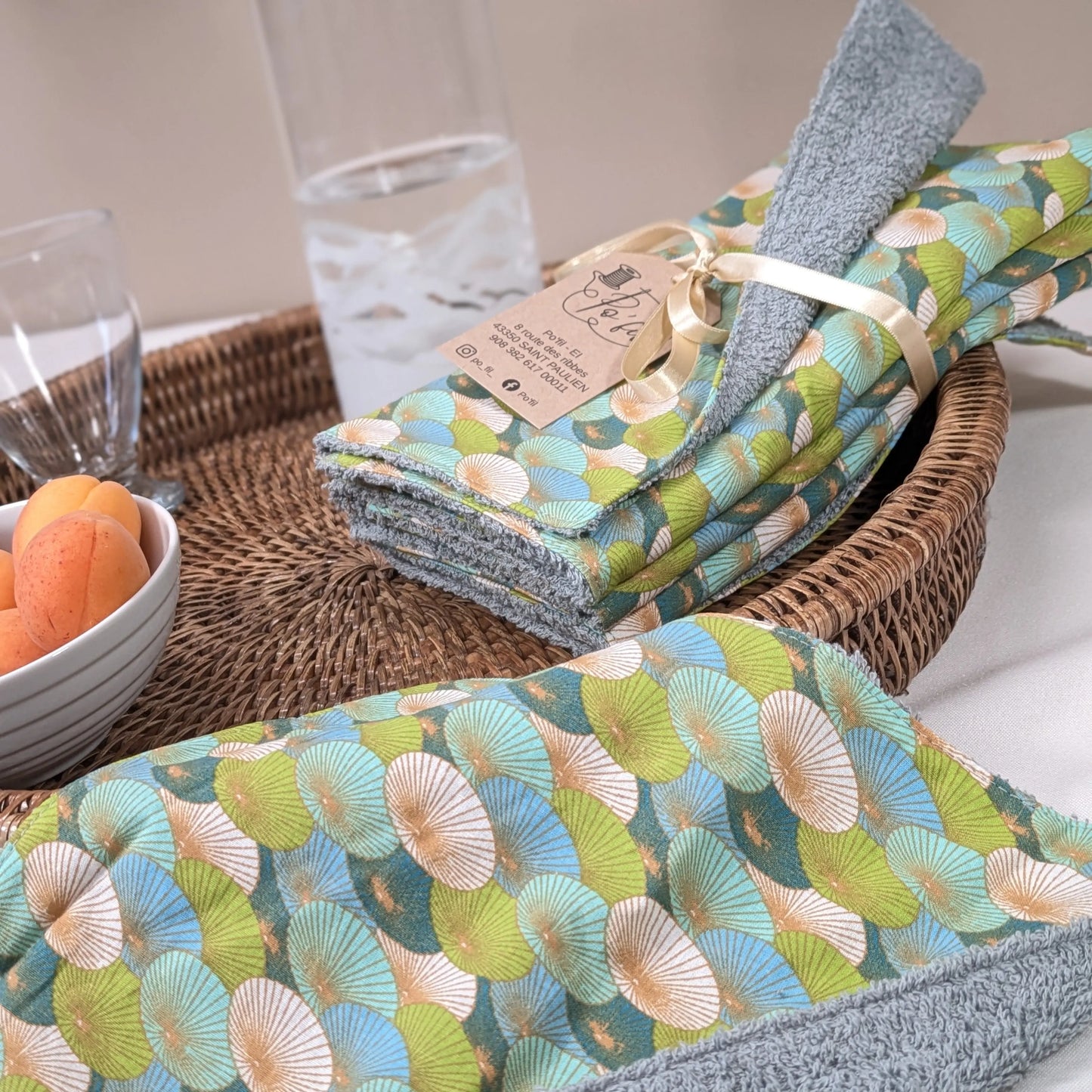 Lot de 8 feuilles d'essuie tout lavables, tissu Ombrelle turquoise Po'fil