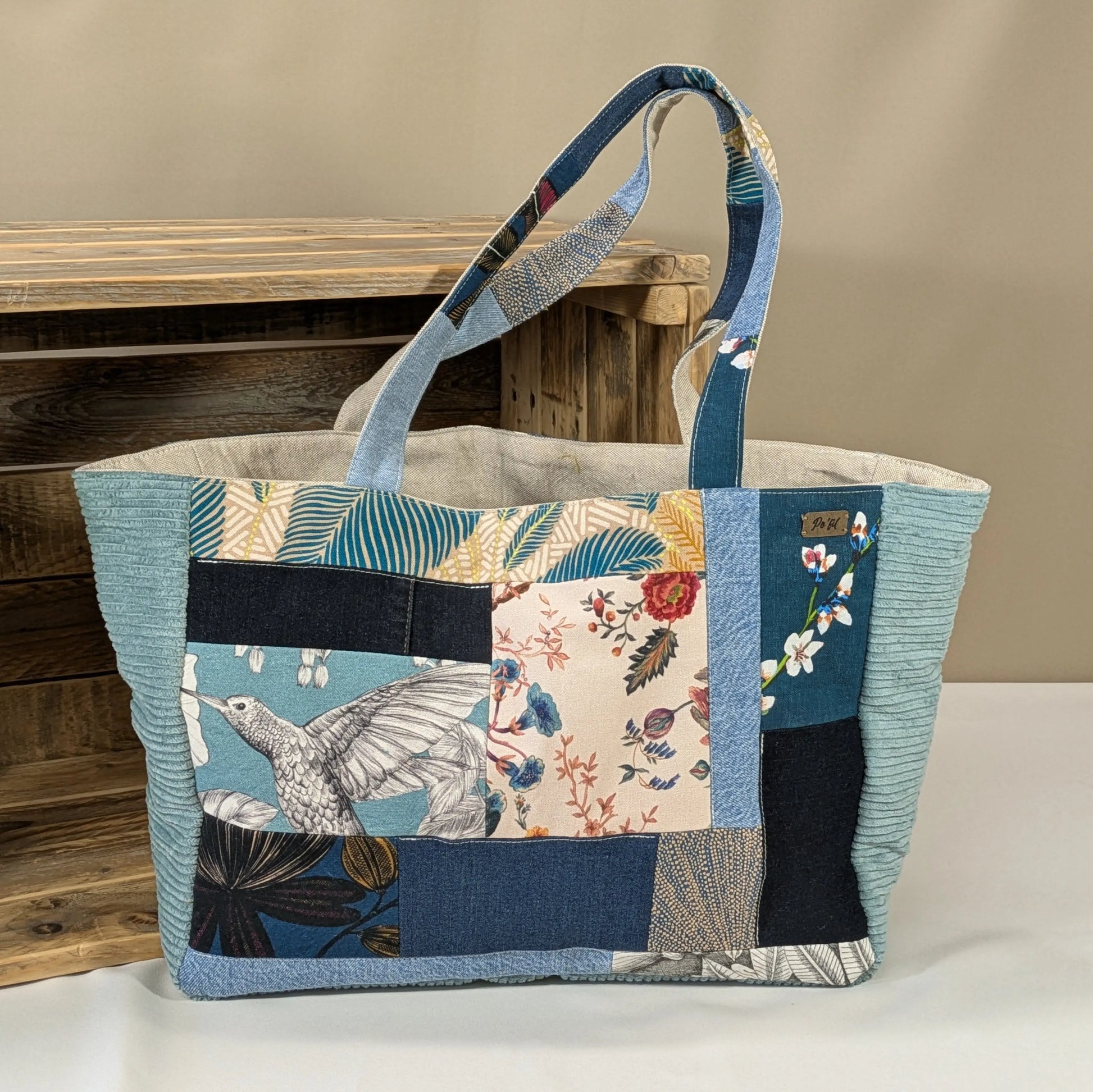 Sac cabas upcyclé, chutes de jean et tissu Po'fil