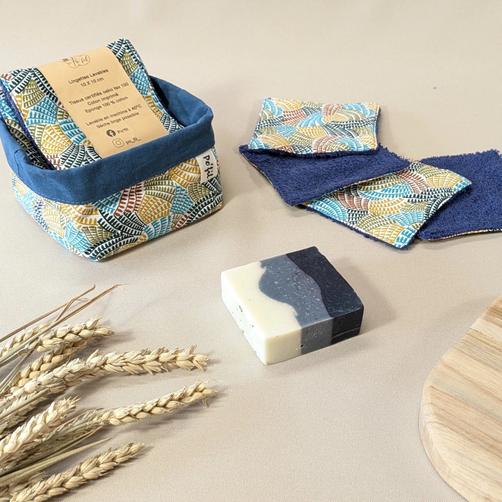 Panière de 10 lingettes lavables, tissu Takate Po'fil