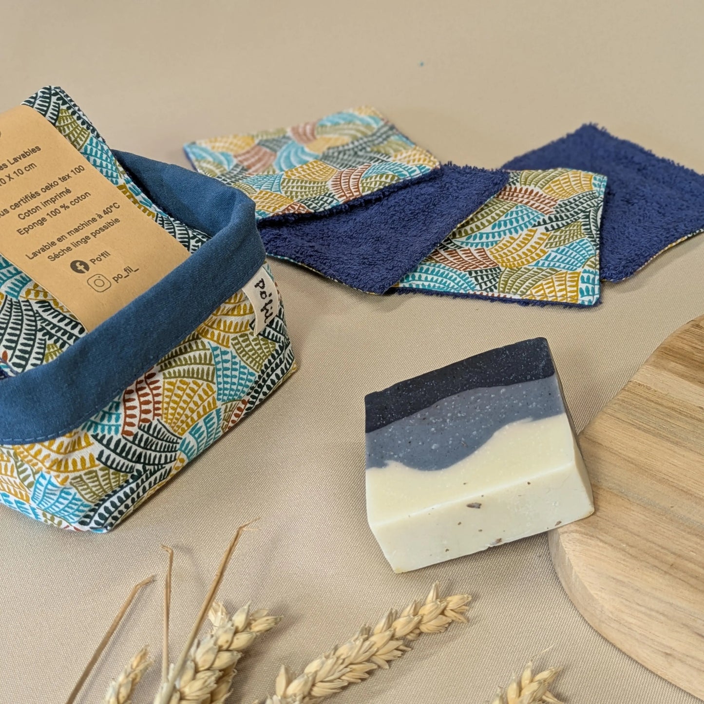 Panière de 10 lingettes lavables, tissu Takate Po'fil