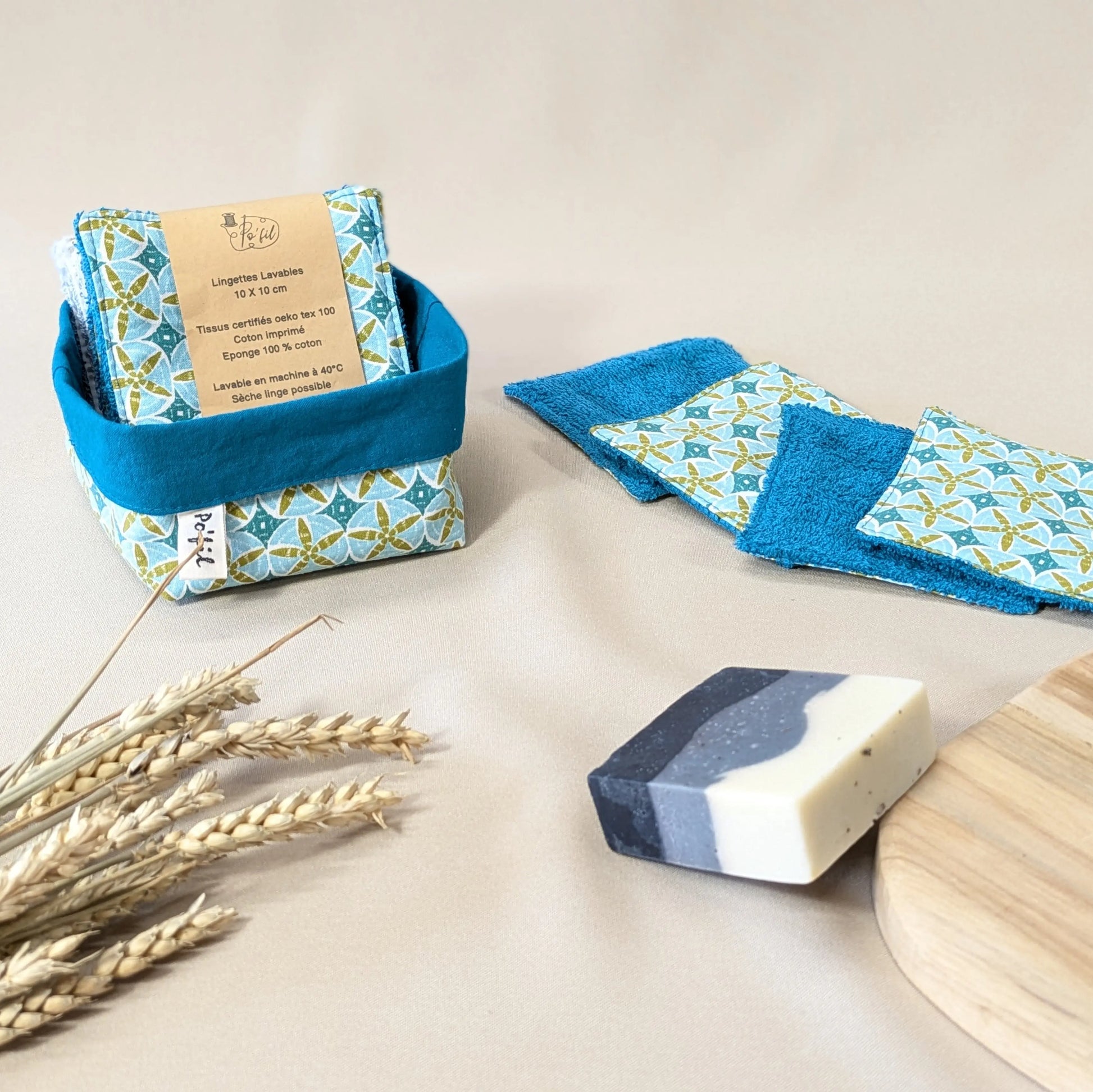 Panière de 10 lingettes lavables, tissu Etoiles de mer Po'fil