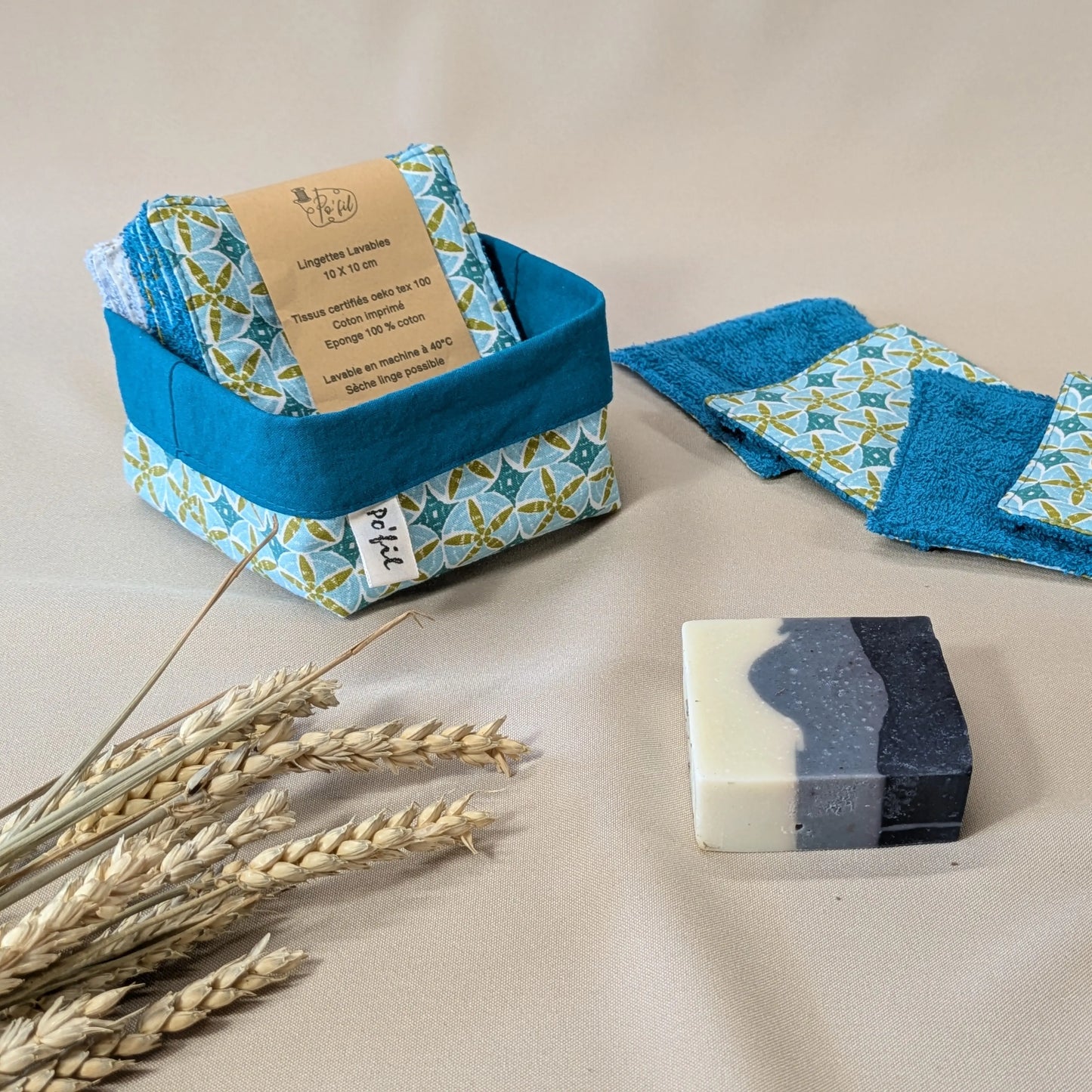 Panière de 10 lingettes lavables, tissu Etoiles de mer Po'fil