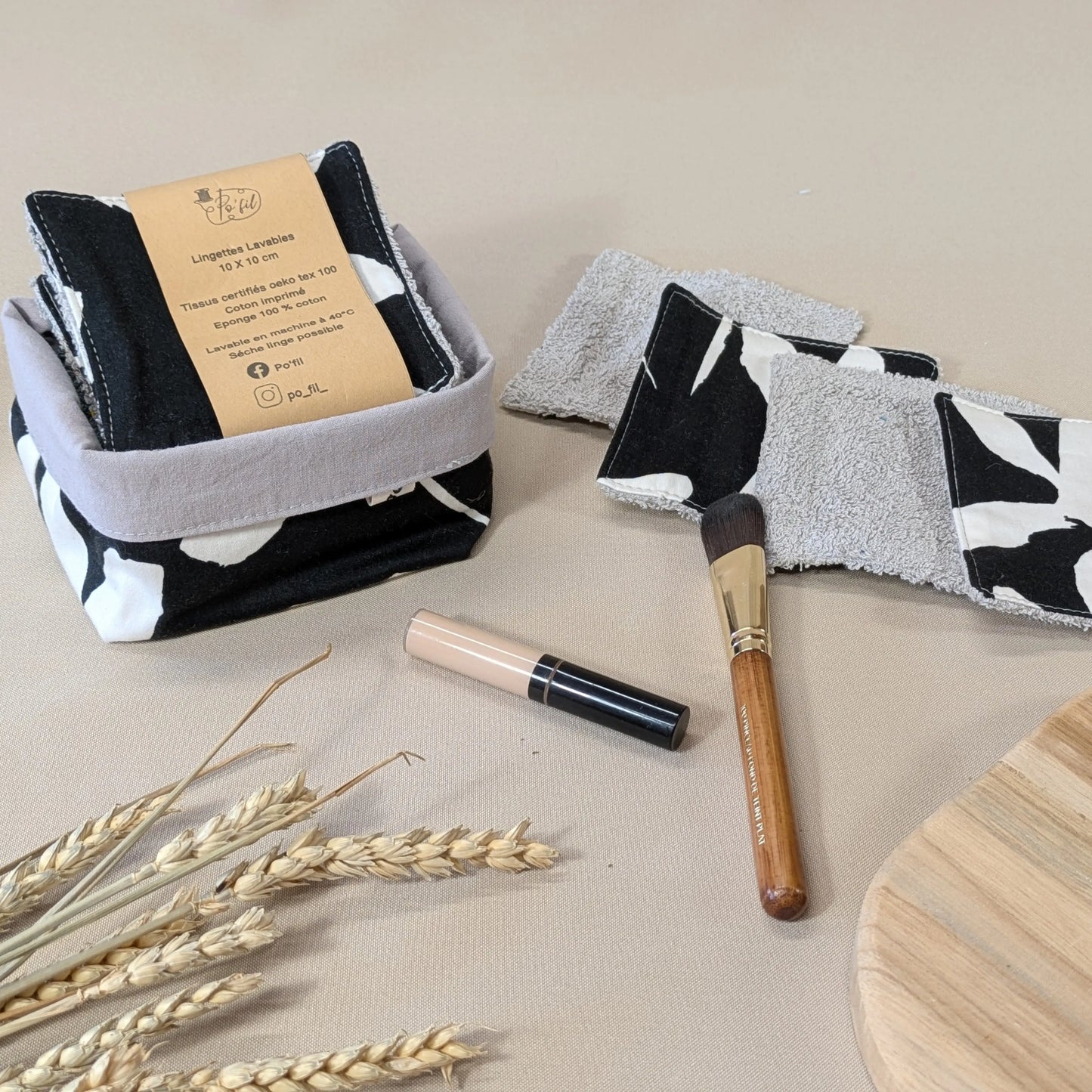 Panière de 10 lingettes lavables, tissu noir et blanc abstrait Po'fil