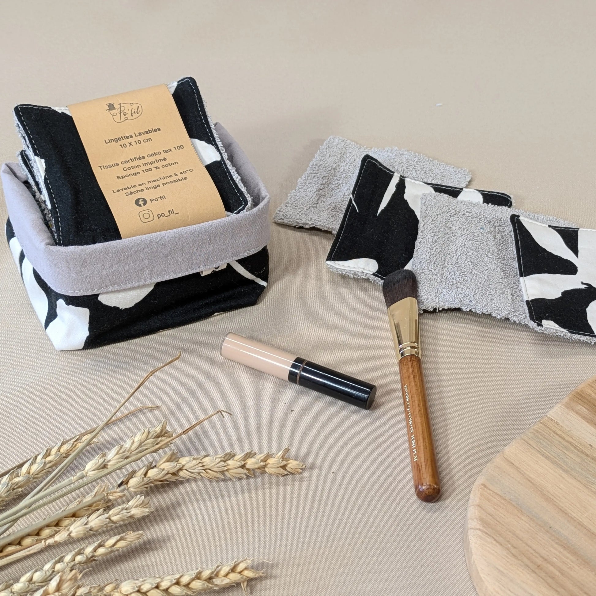 Panière de 10 lingettes lavables, tissu noir et blanc abstrait Po'fil