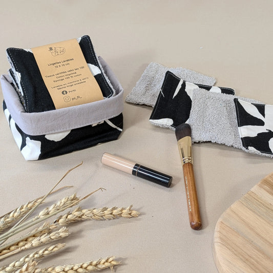 Panière de 10 lingettes lavables, tissu noir et blanc abstrait Po'fil