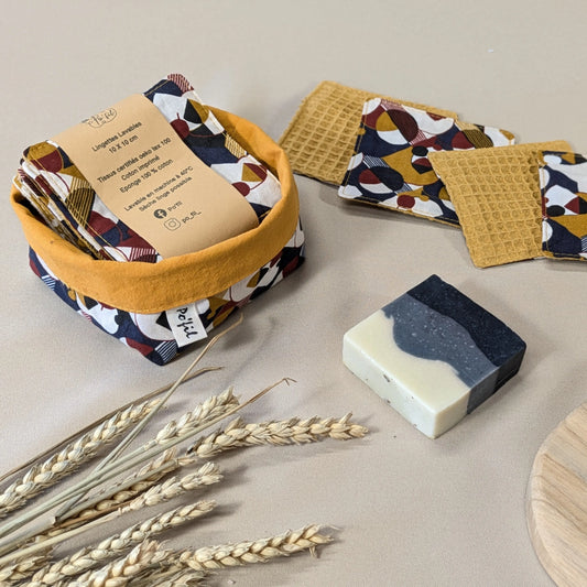 Panière de 10 lingettes lavables nid d'abeille, tissu Miklos et Po'fil