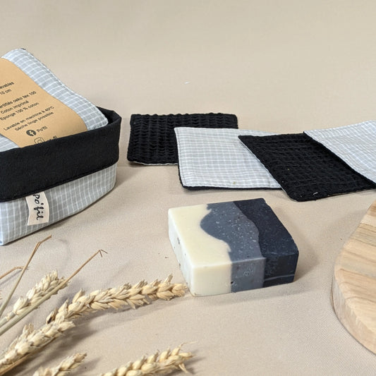 Panière de 10 lingettes lavables nid d'abeille, carreau gris Po'fil