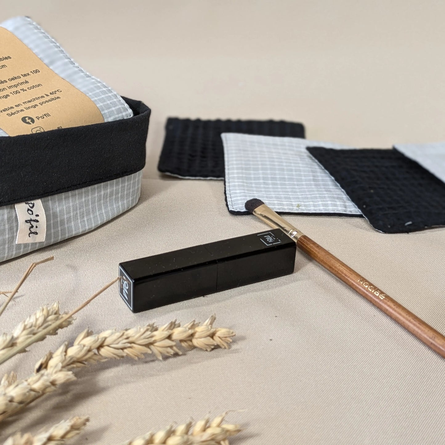 Panière de 10 lingettes lavables nid d'abeille, carreau gris Po'fil