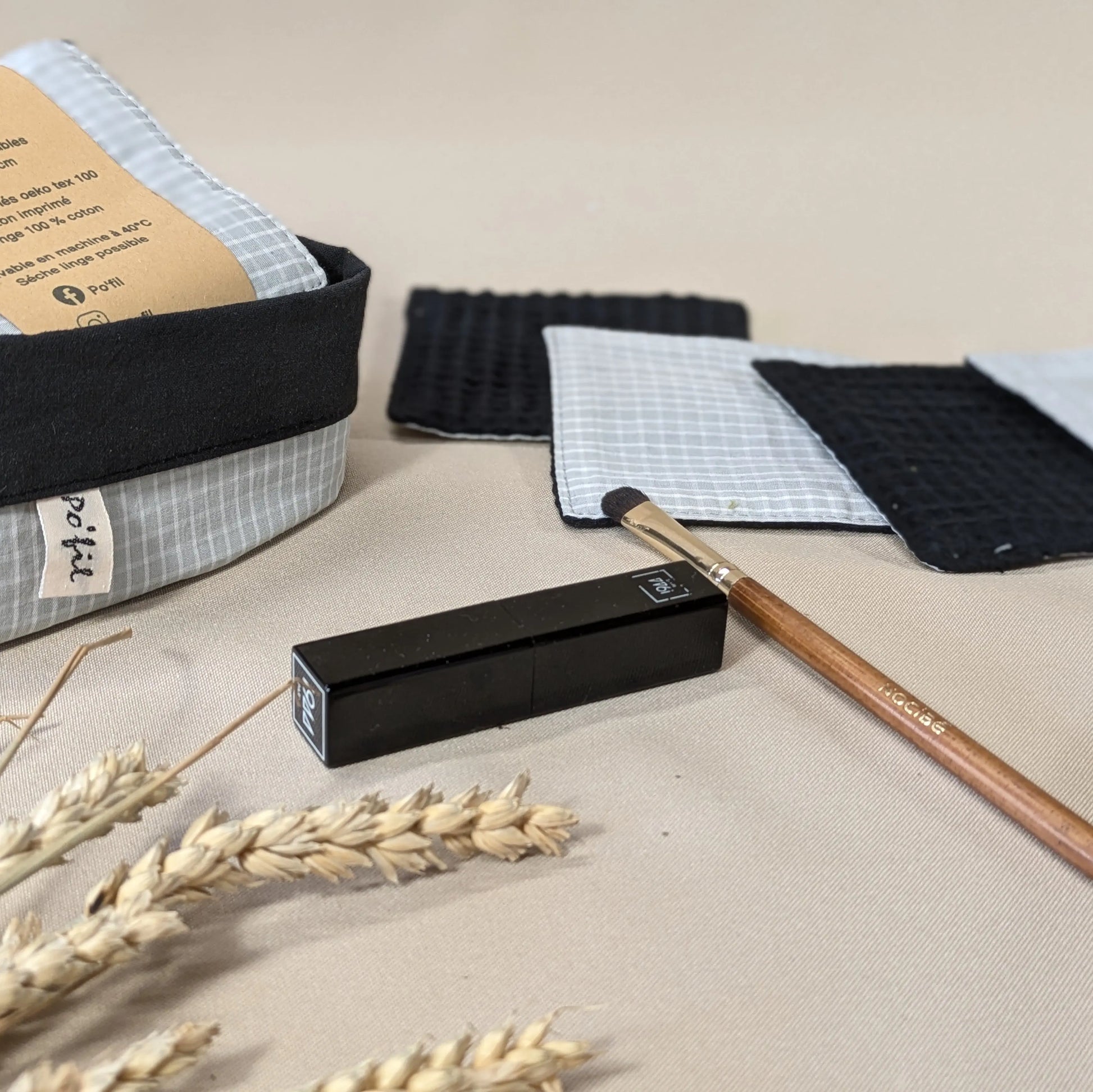 Panière de 10 lingettes lavables nid d'abeille, carreau gris Po'fil