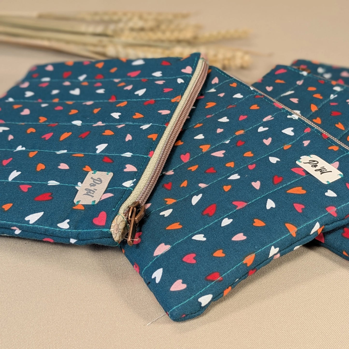 Pochette plate coton matelassé, tissu coeur Po'fil