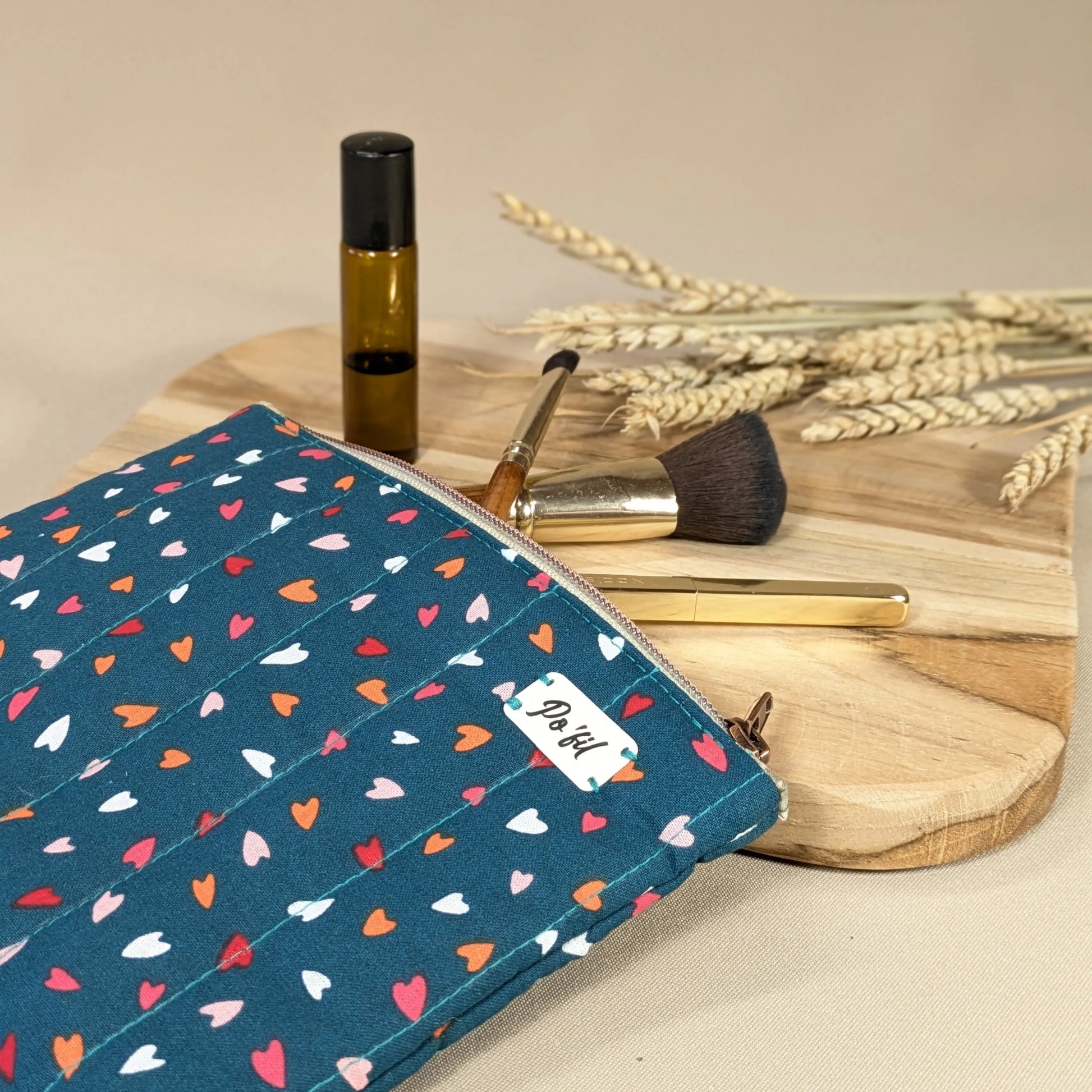 Pochette plate coton matelassé, tissu coeur Po'fil