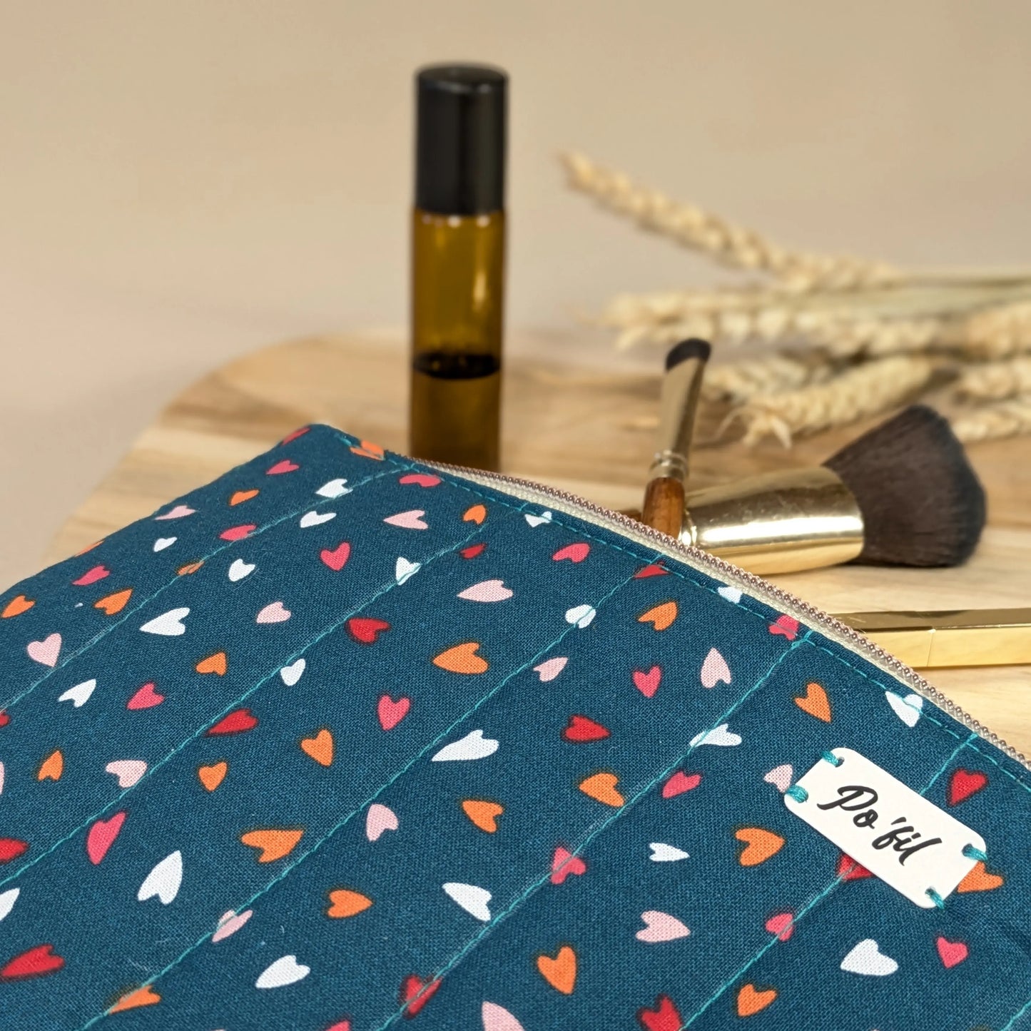 Pochette plate coton matelassé, tissu coeur Po'fil