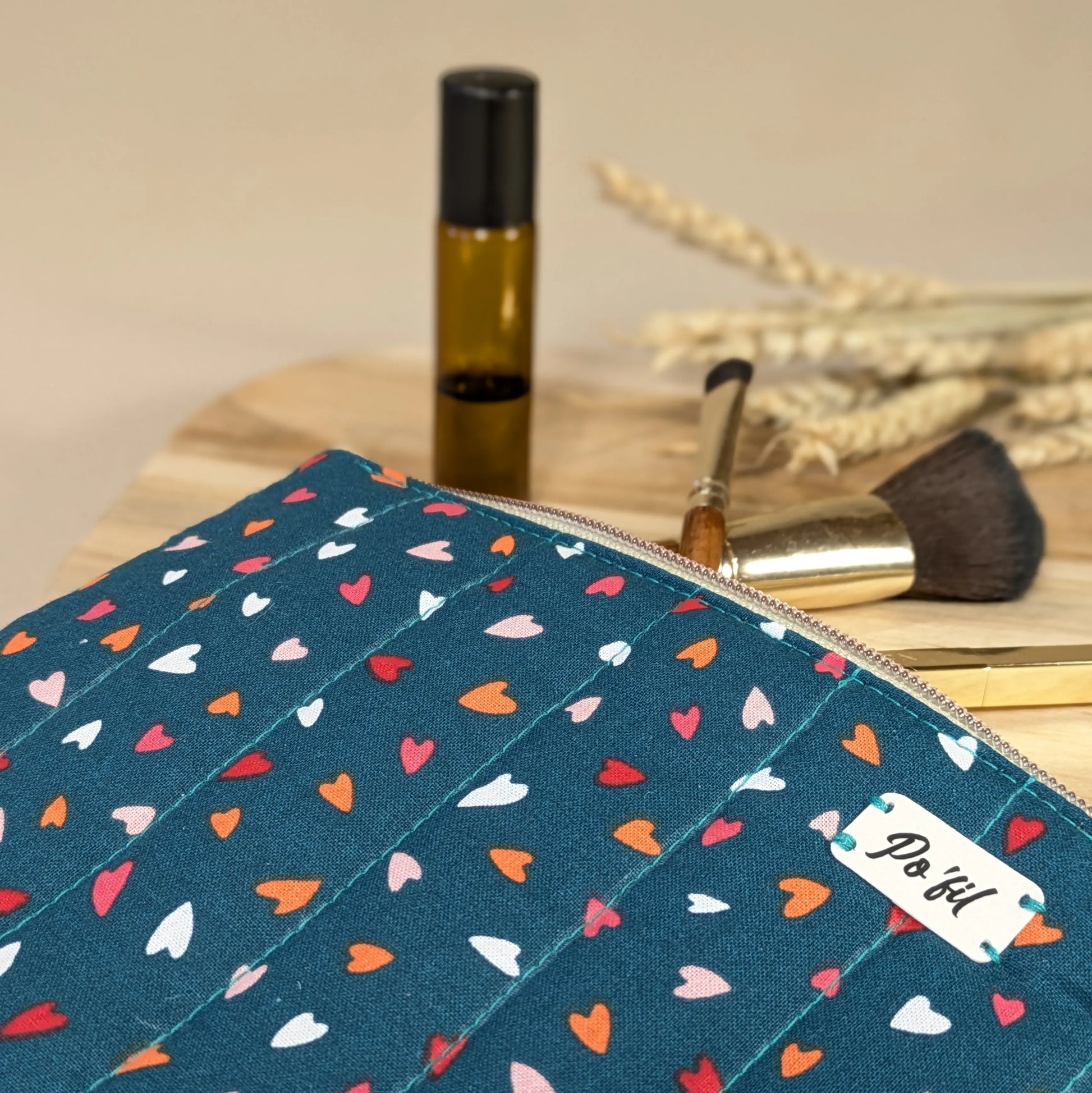 Pochette plate coton matelassé, tissu coeur Po'fil