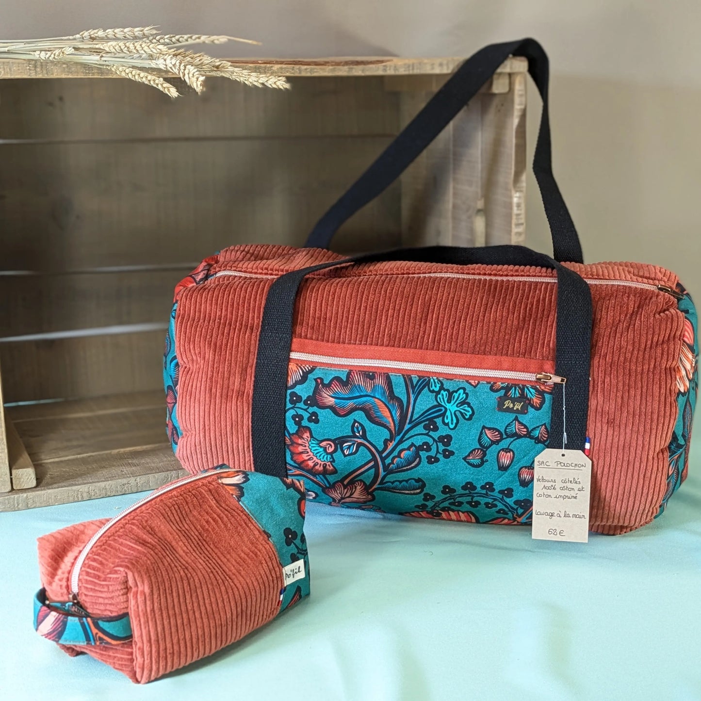 Sac polochon en velours côtelé brique Po'fil