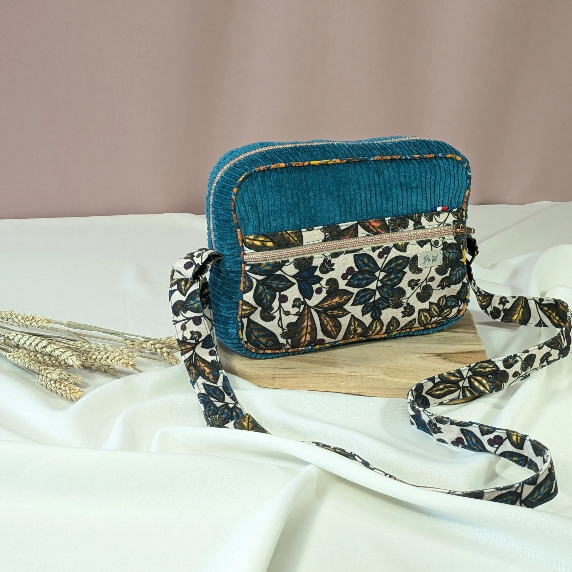 Sac besace en velours côtelé bleu canard Po'fil