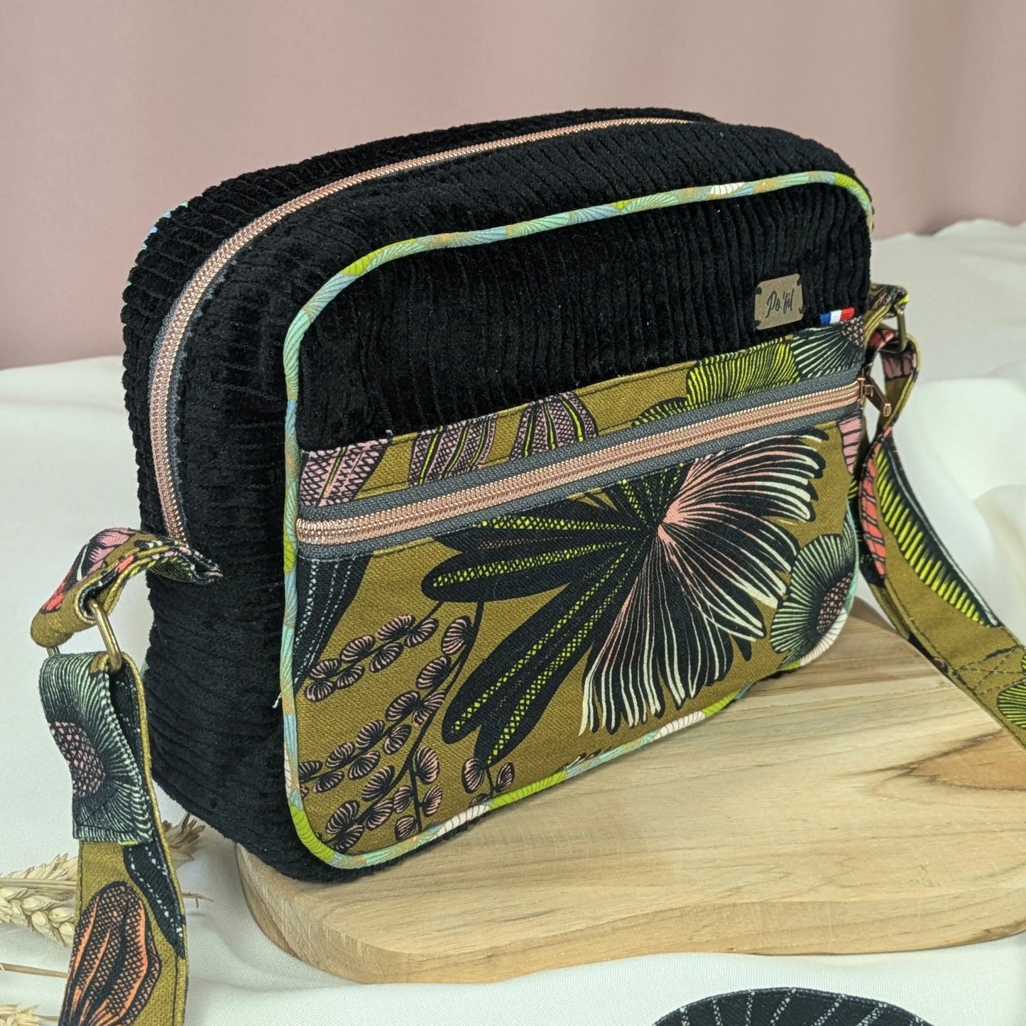 Sac besace en velours côtelé bleu noir Po'fil