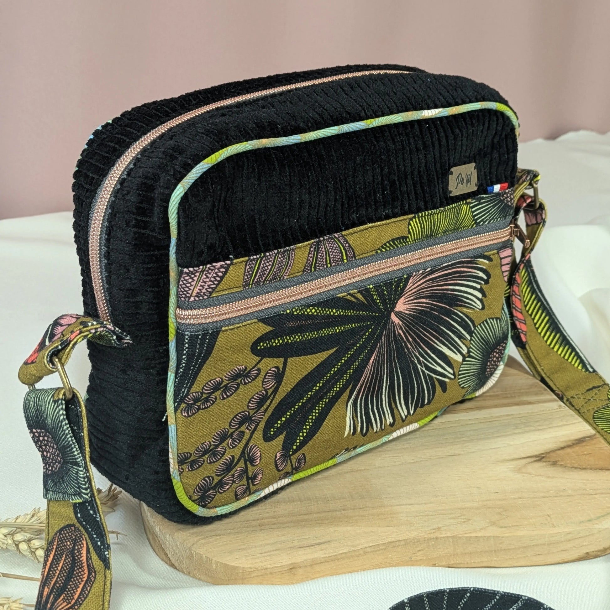 Sac besace en velours côtelé bleu noir Po'fil