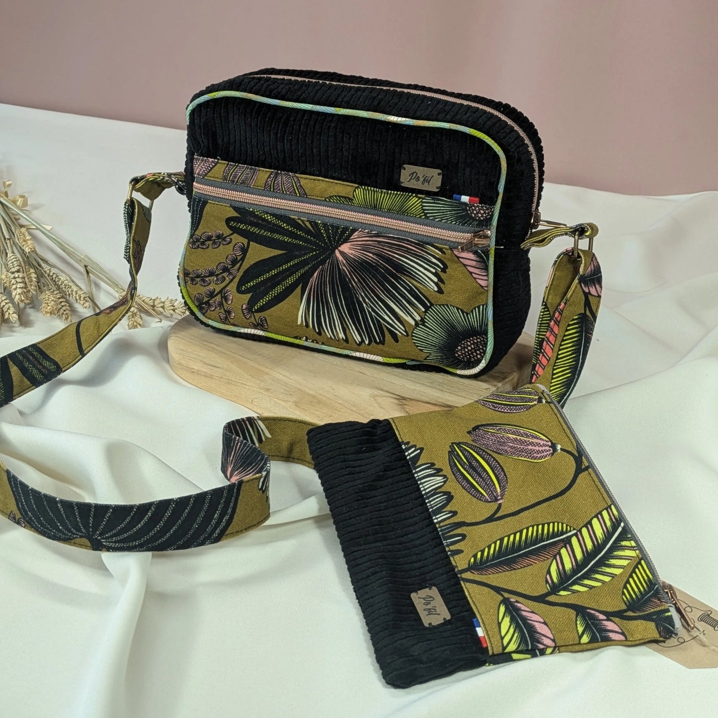 Sac besace en velours côtelé bleu noir Po'fil