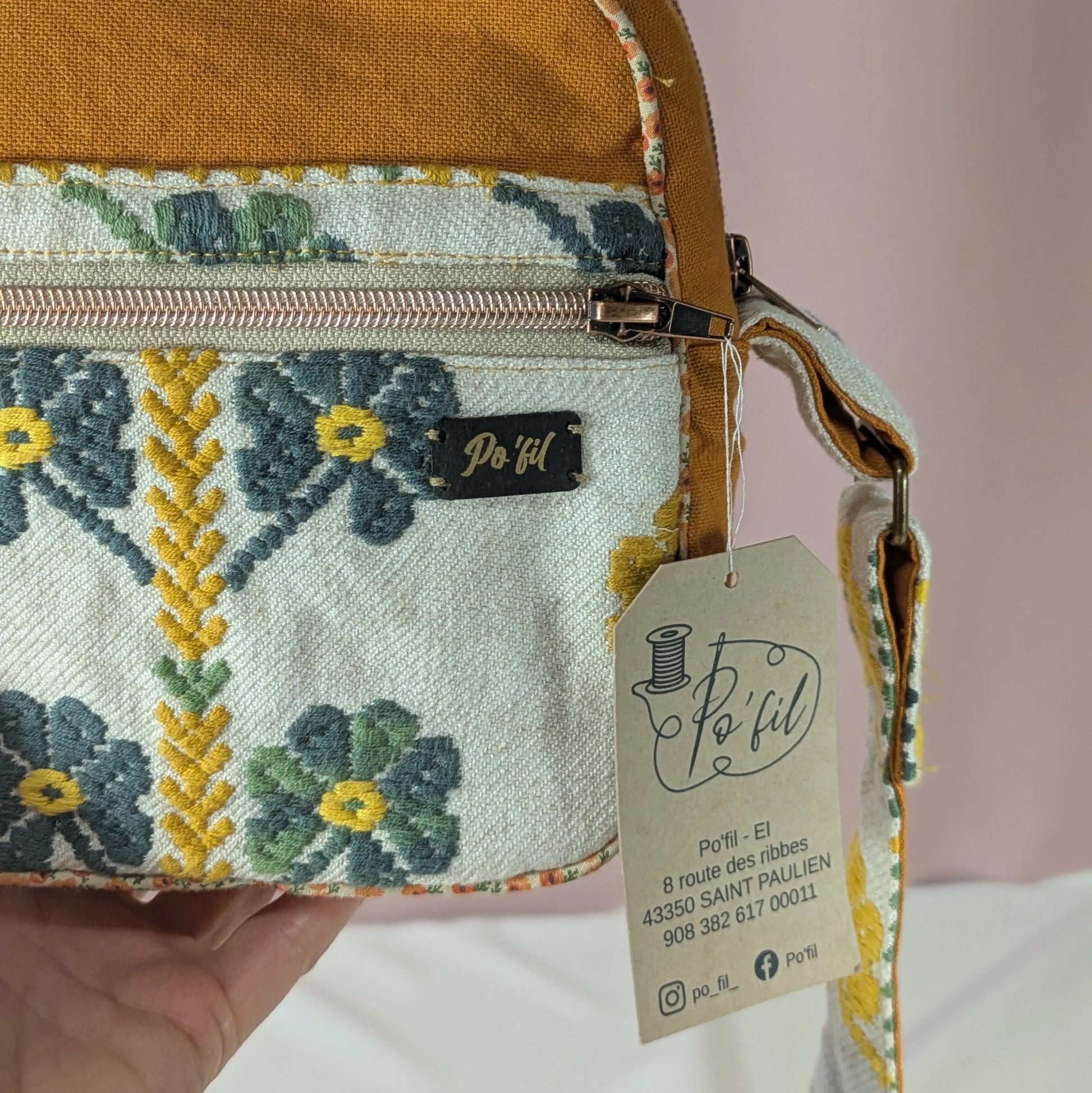 Sac besace en tissu lin viscose brodé et coton Po'fil