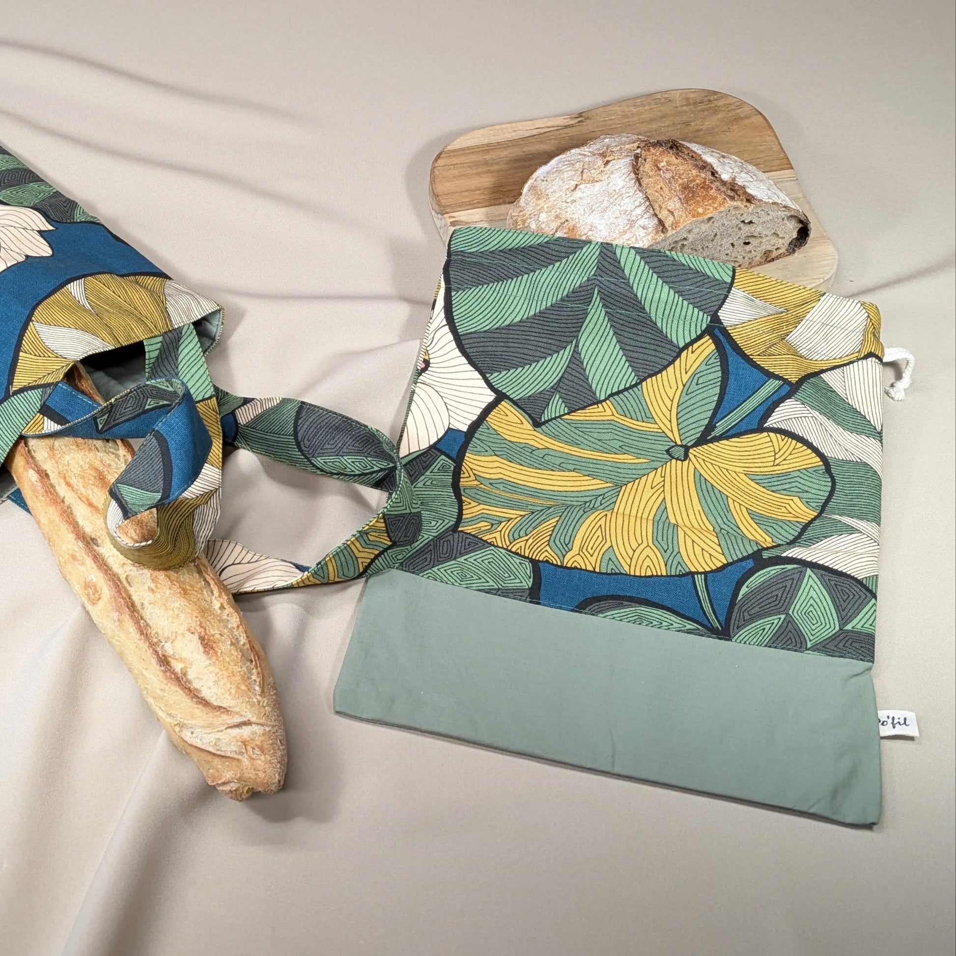 Sac à pain "format pain rond ou viennoiseries", Tissu Idris fond océan Po'fil