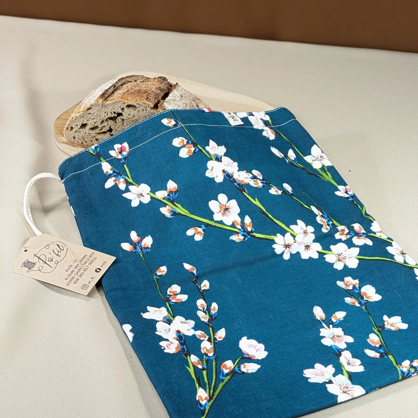 Sac à pain "format pain rond ou viennoiseries", Tissu Fleurs de cerisiers Po'fil