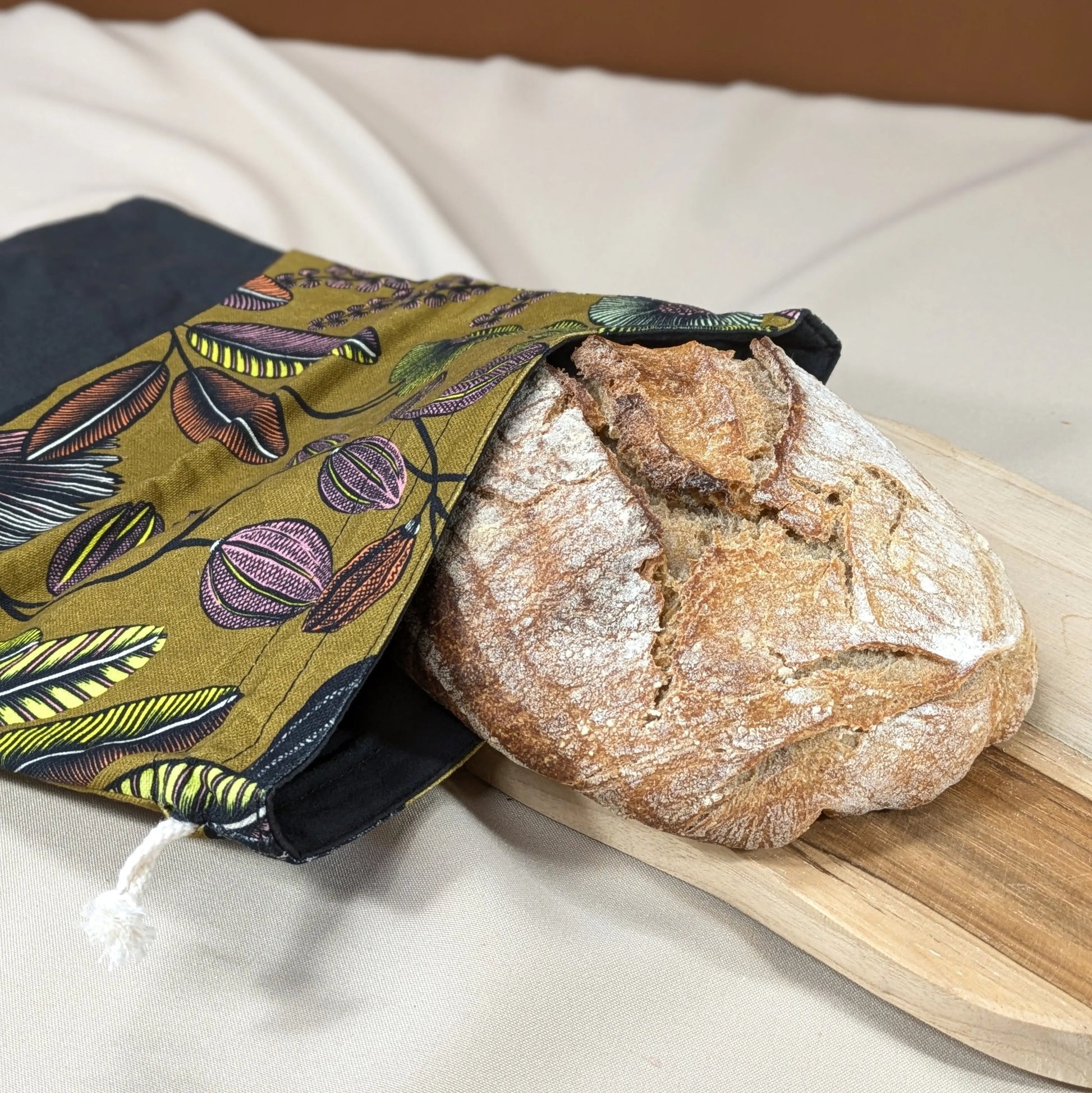 Sac à pain "format pain rond ou viennoiseries", Tissu Orphée fond kaki Po'fil