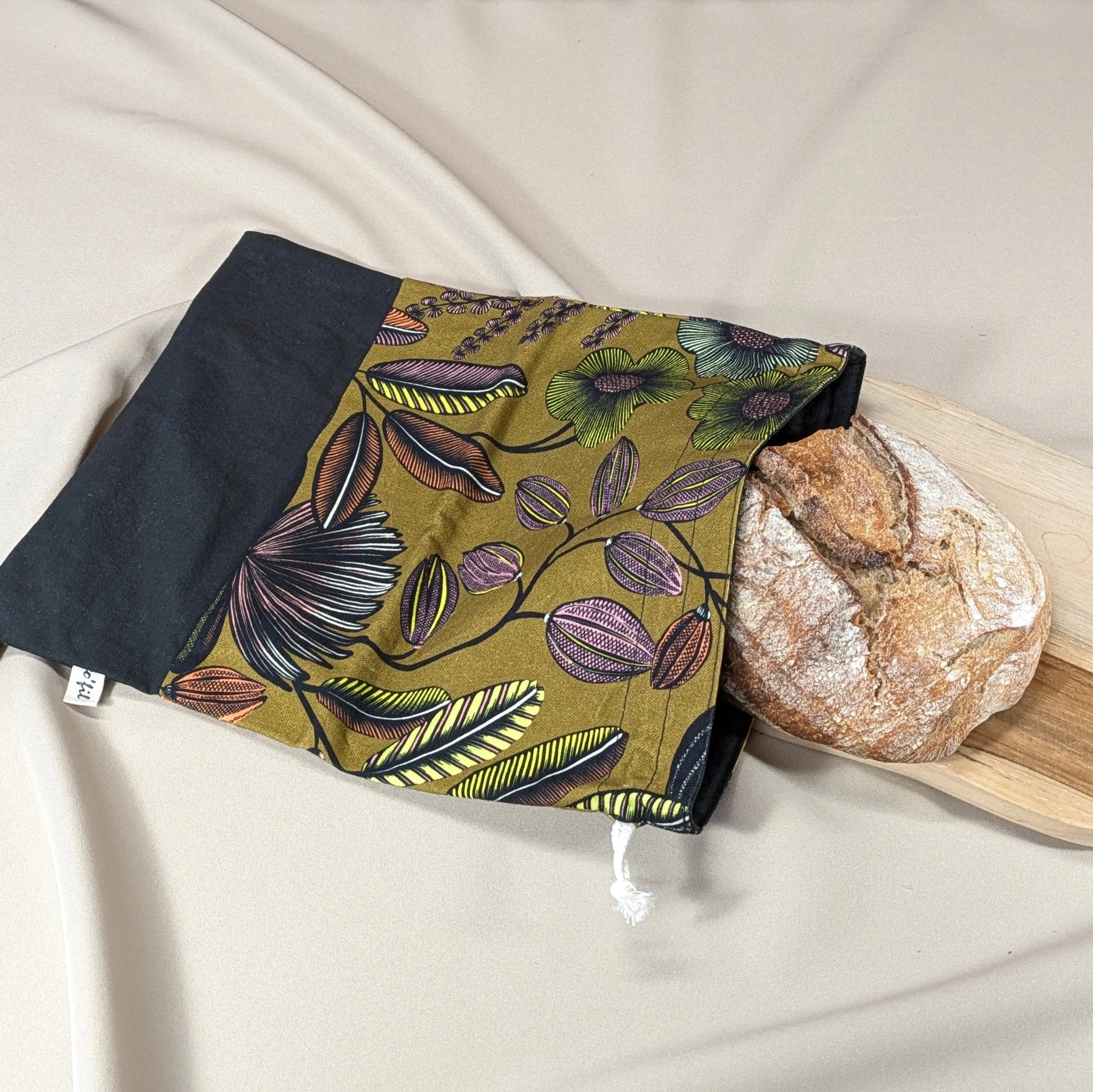 Sac à pain "format pain rond ou viennoiseries", Tissu Orphée fond kaki Po'fil