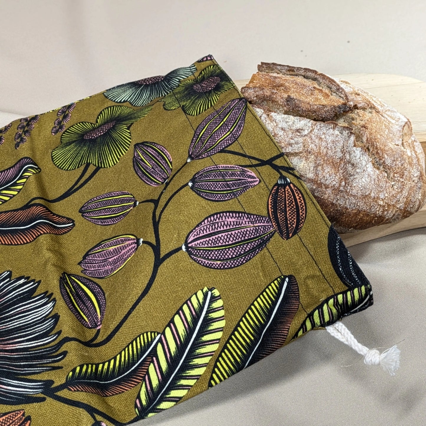 Sac à pain "format pain rond ou viennoiseries", Tissu Orphée fond kaki Po'fil