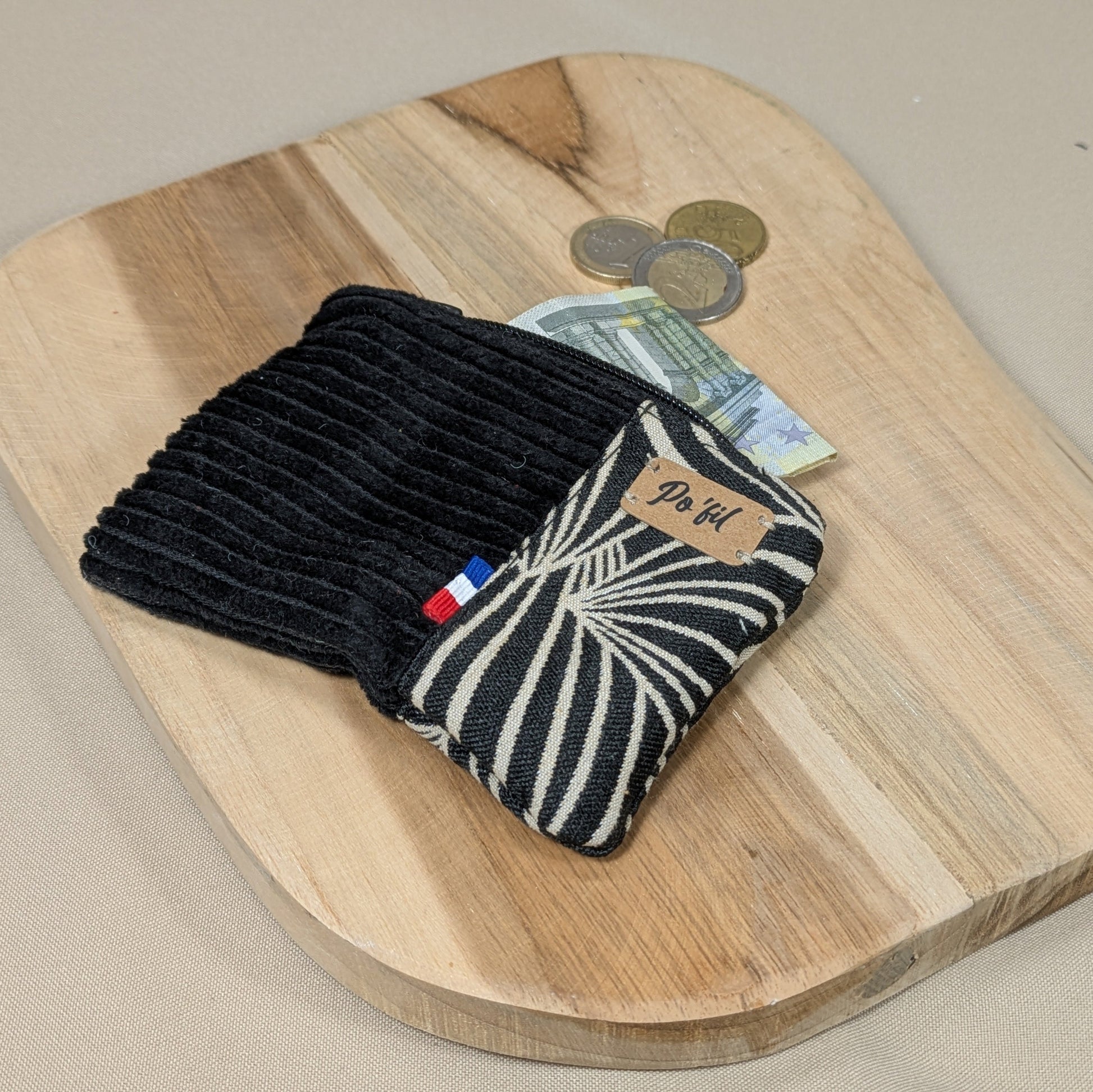 Porte monnaie en velours côtelé noir Po'fil