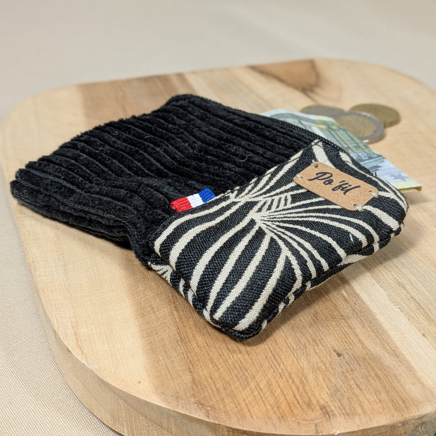 Porte monnaie en velours côtelé noir Po'fil