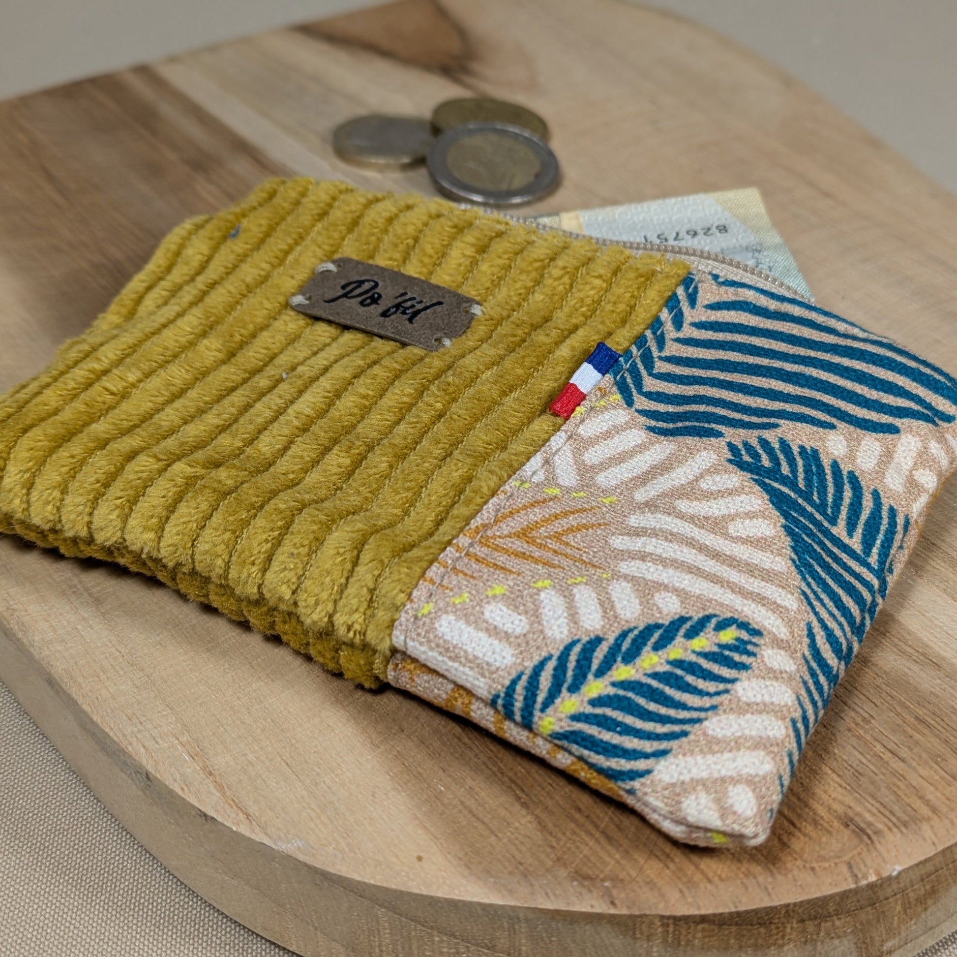 Porte monnaie en velours côtelé jaune moutarde Po'fil