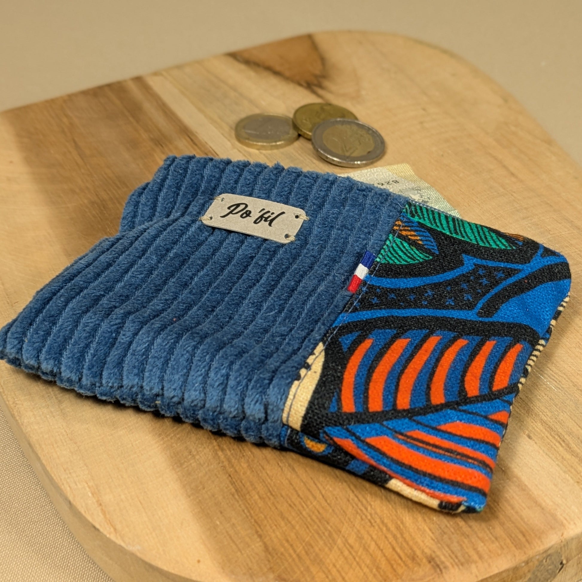 Porte monnaie en velours côtelé bleu indigo Po'fil
