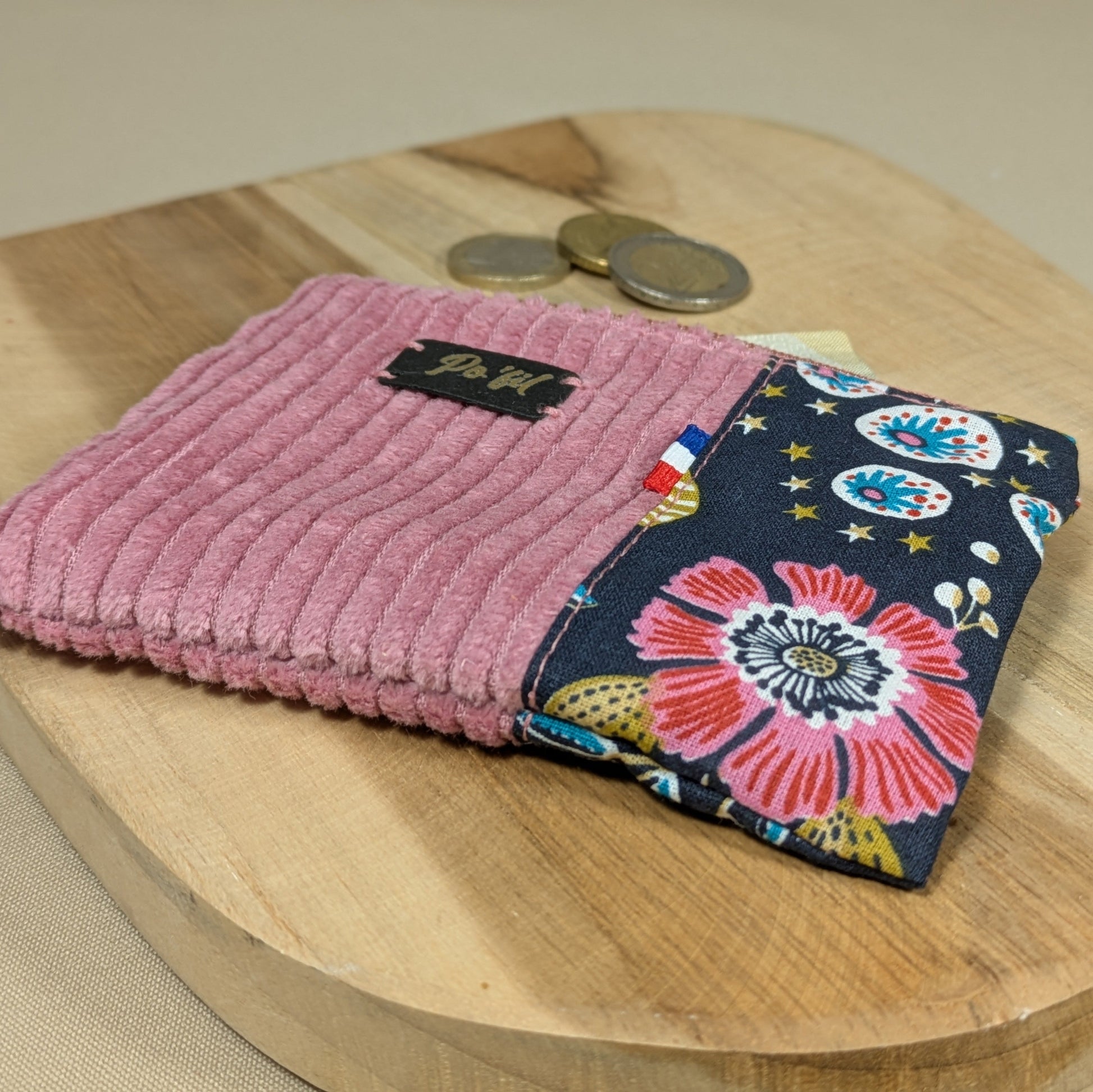 Porte monnaie en velours côtelé vieux rose Po'fil