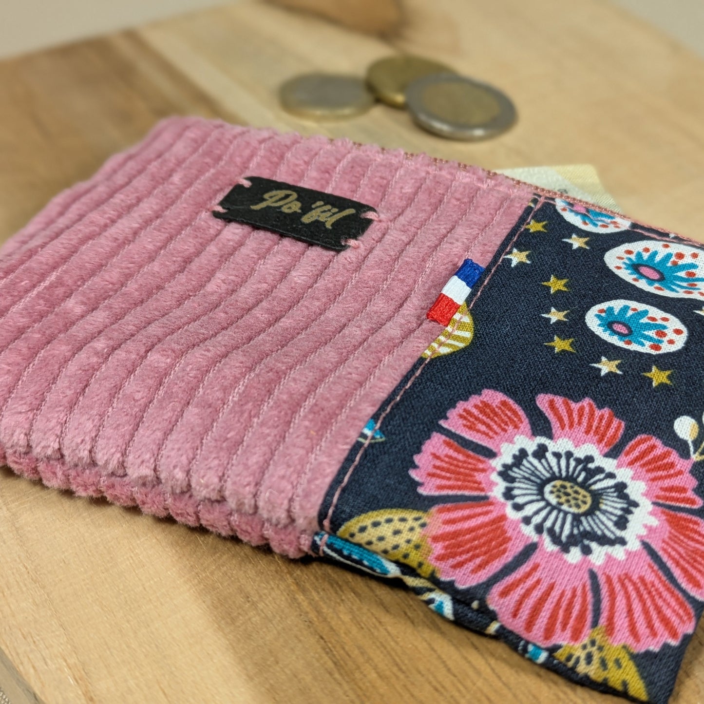 Porte monnaie en velours côtelé vieux rose Po'fil
