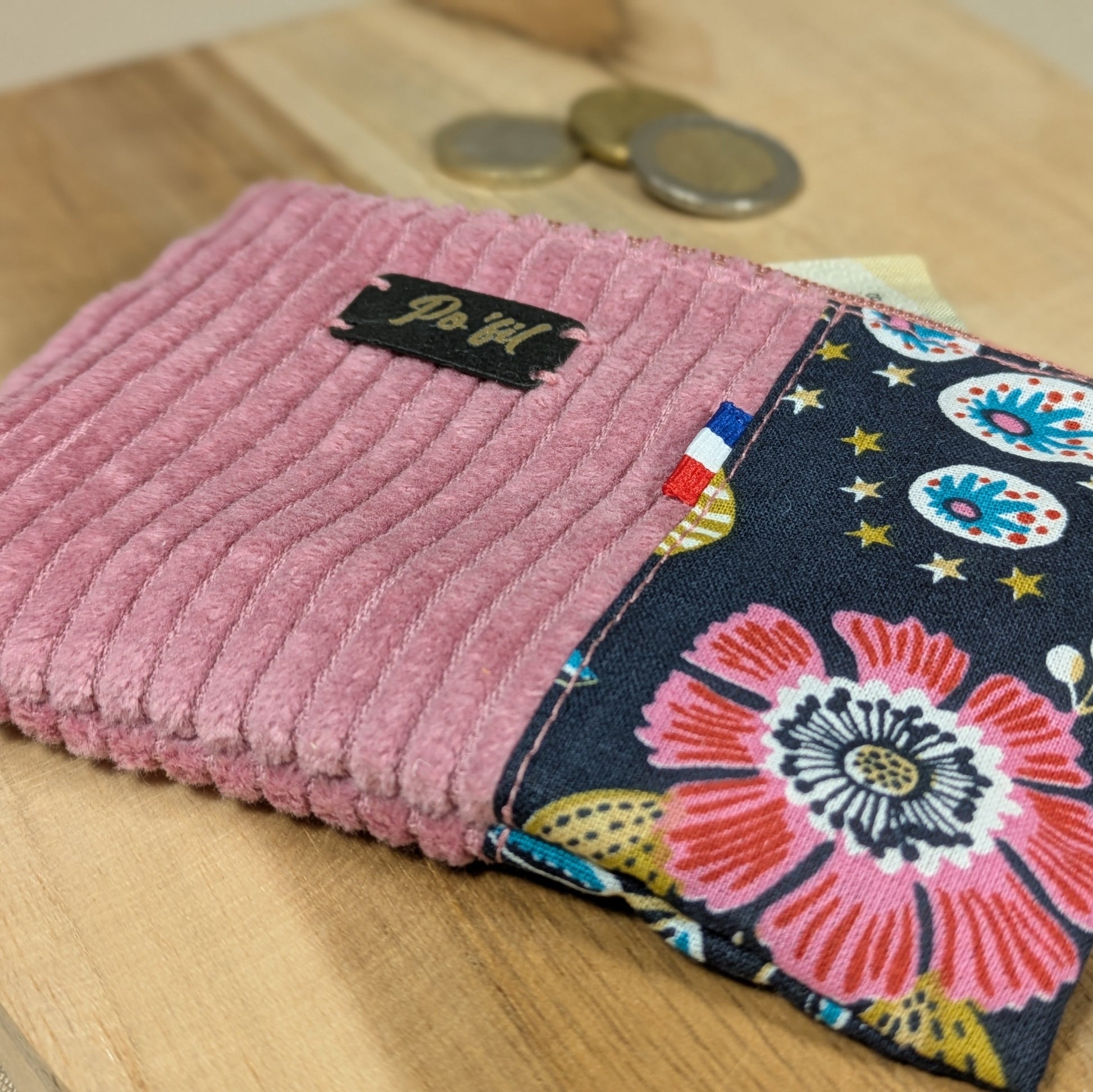 Porte monnaie en velours côtelé vieux rose Po'fil