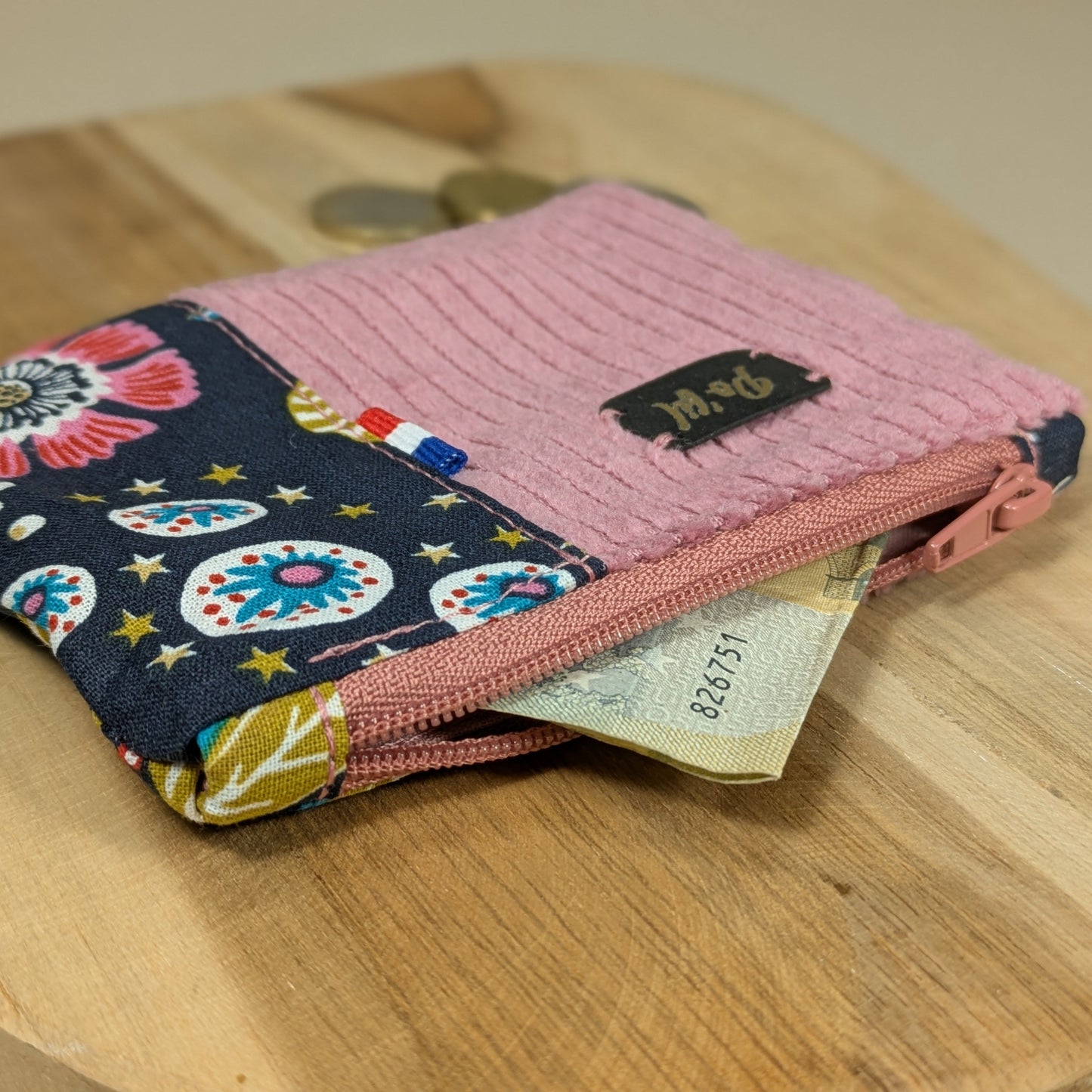 Porte monnaie en velours côtelé vieux rose Po'fil