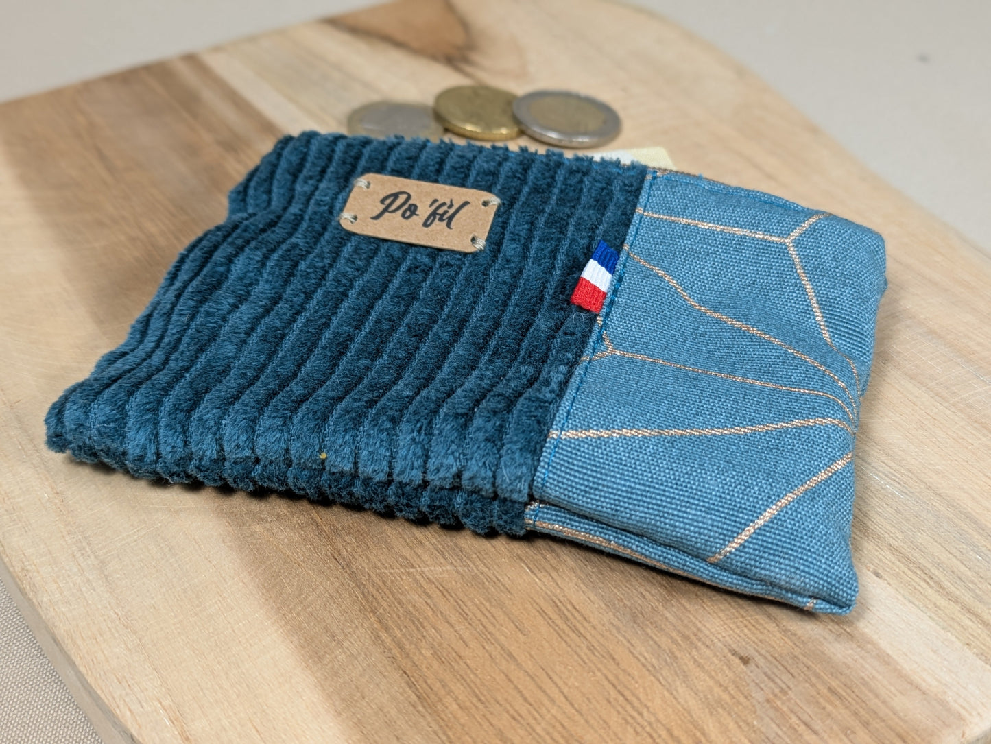 Porte monnaie en velours côtelé bleu vert Po'fil